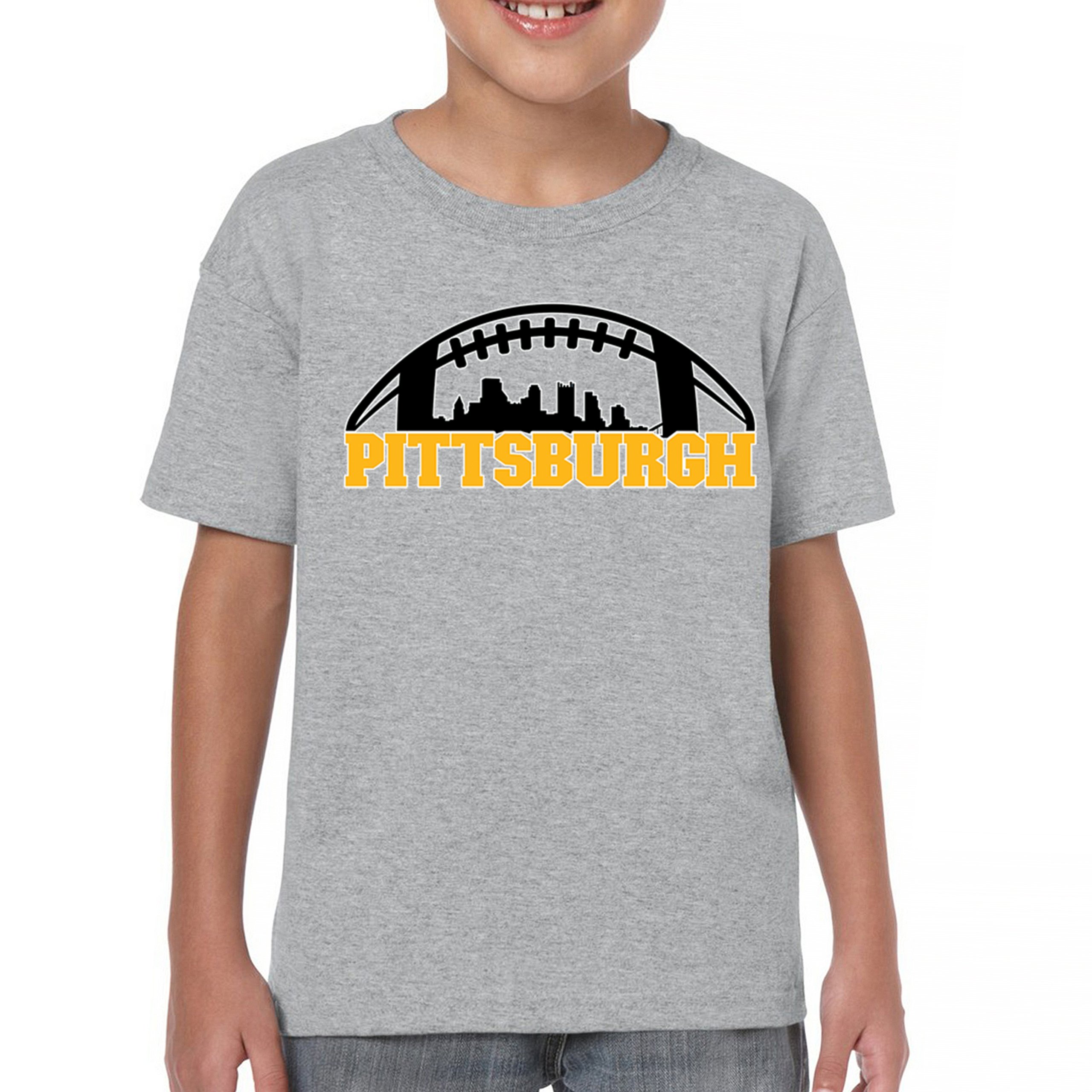 Pittsburgh Skyline Football Youth T-shirt Steel City Bleed Black and Gold Kids - Picture 16 of 50