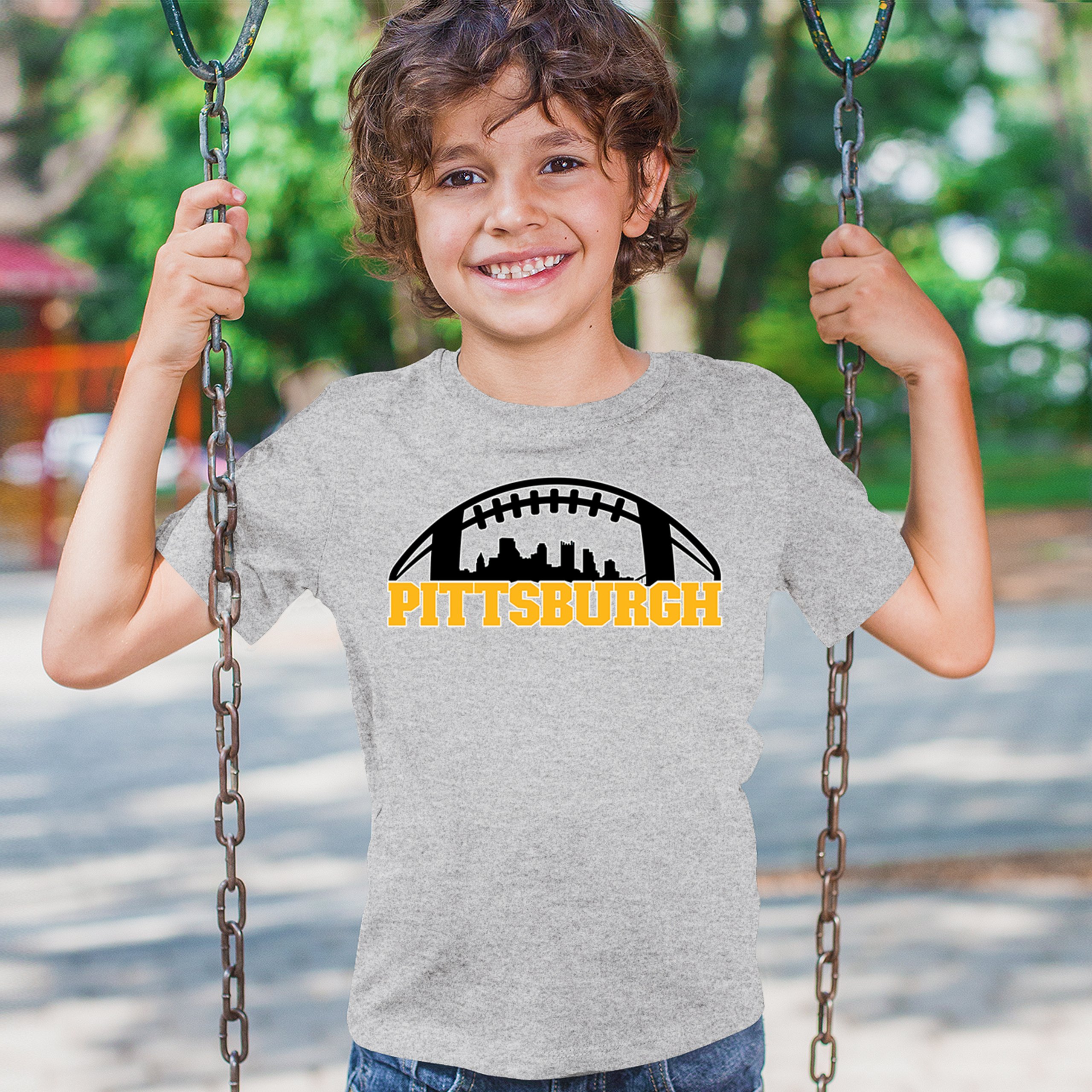 Pittsburgh Skyline Football Youth T-shirt Steel City Bleed Black and Gold Kids - Picture 19 of 50