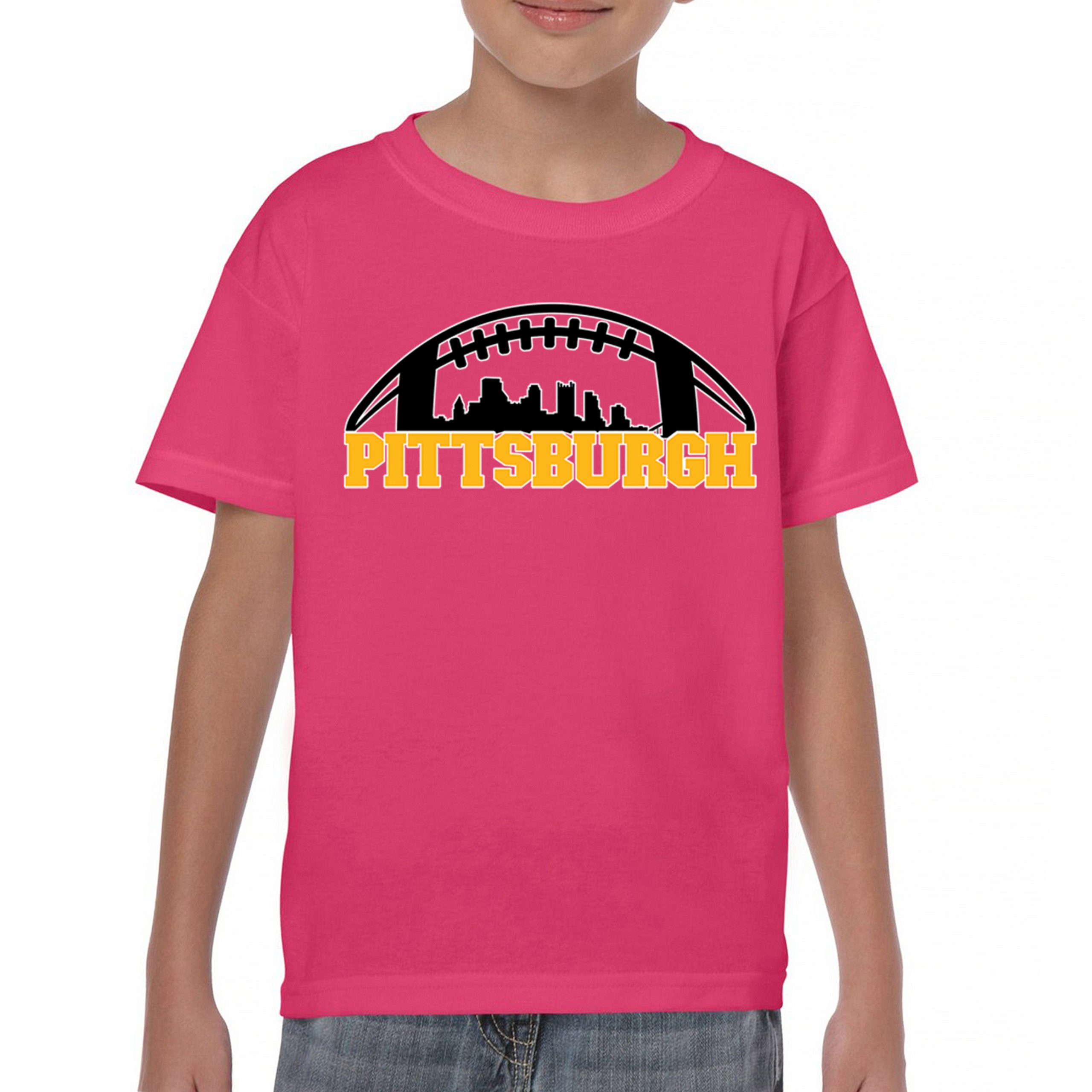 Pittsburgh Skyline Football Youth T-shirt Steel City Bleed Black and Gold Kids - Picture 44 of 50