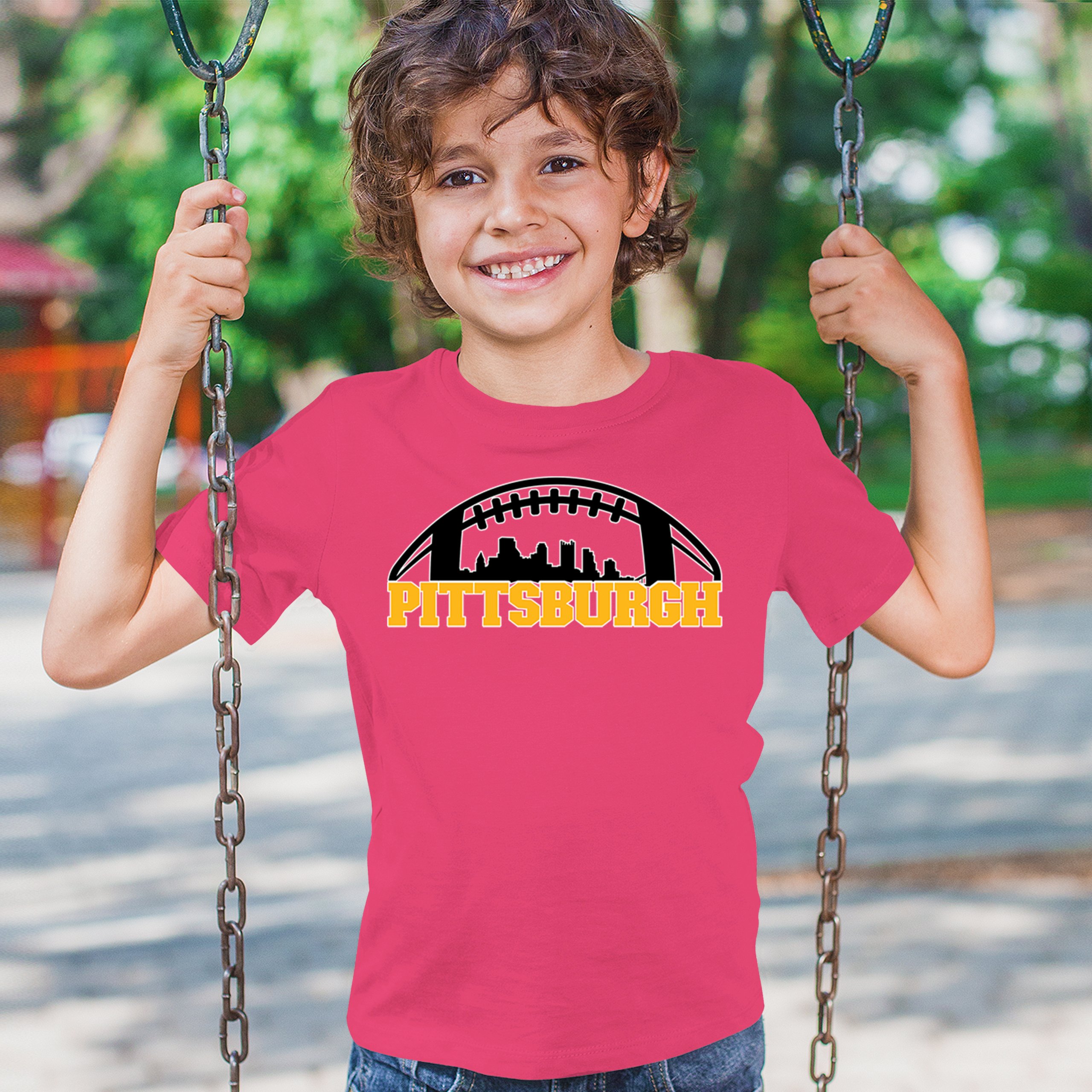 Pittsburgh Skyline Football Youth T-shirt Steel City Bleed Black and Gold Kids - Picture 47 of 50