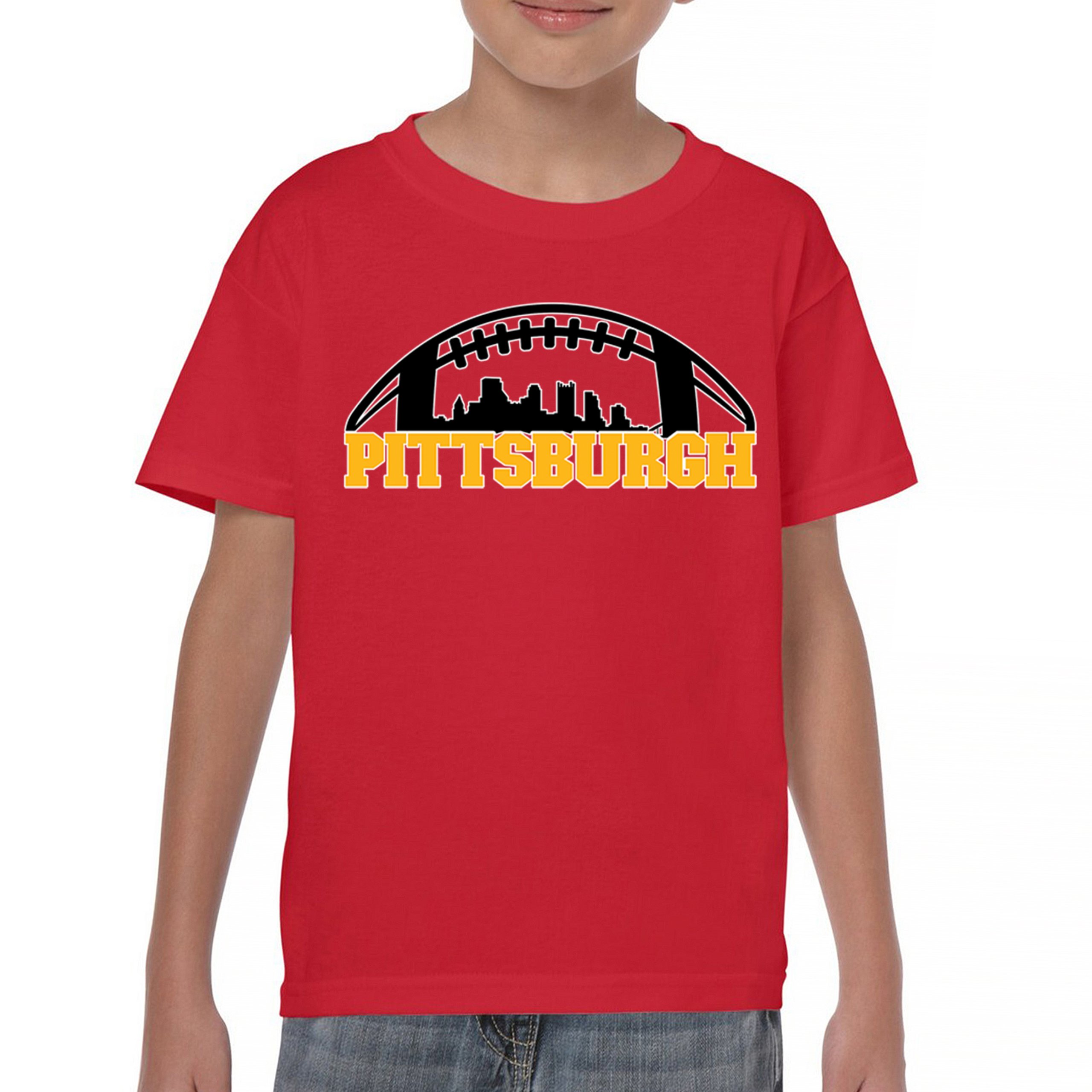 Pittsburgh Skyline Football Youth T-shirt Steel City Bleed Black and Gold Kids - Picture 23 of 50