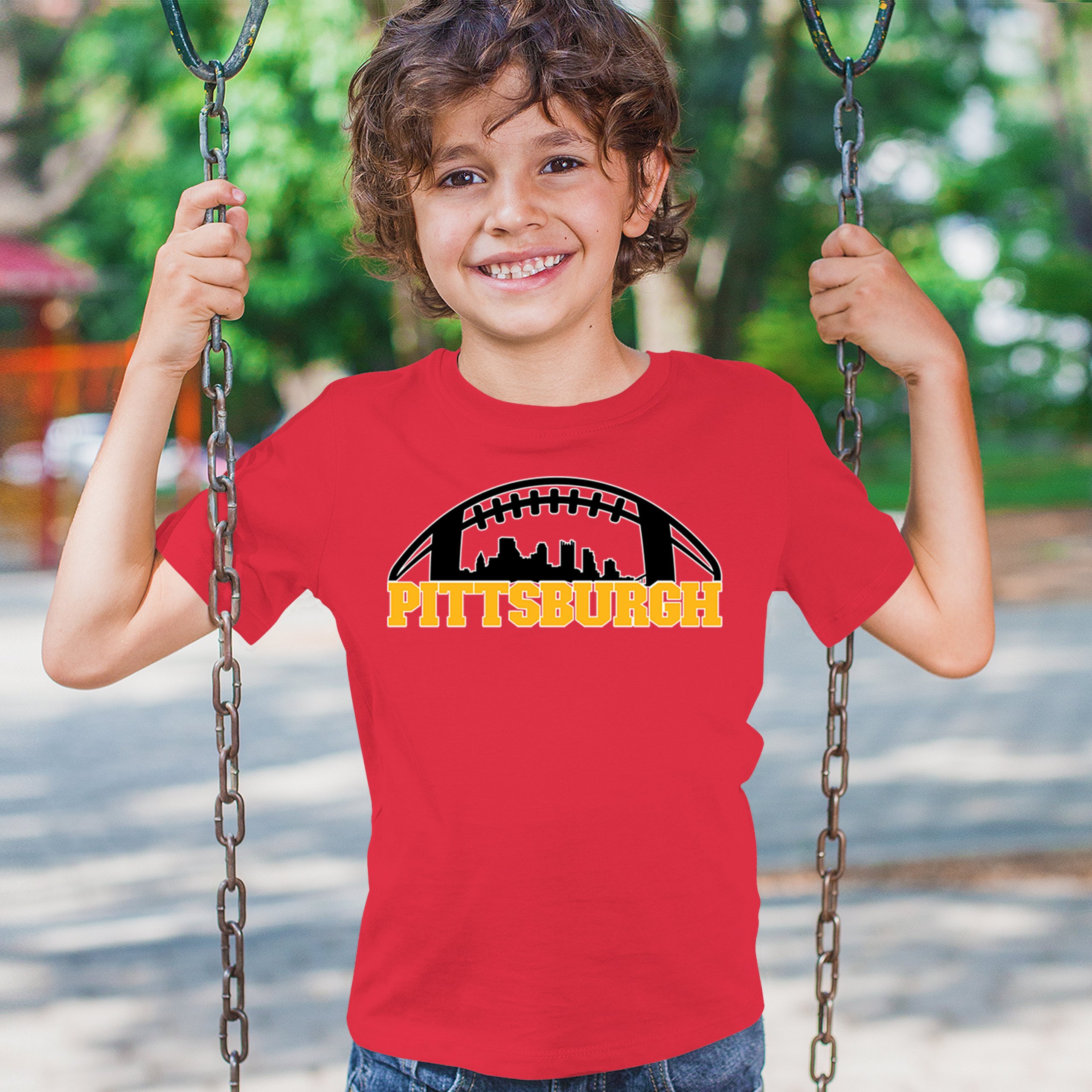 Pittsburgh Skyline Football Youth T-shirt Steel City Bleed Black and Gold Kids - Picture 26 of 50