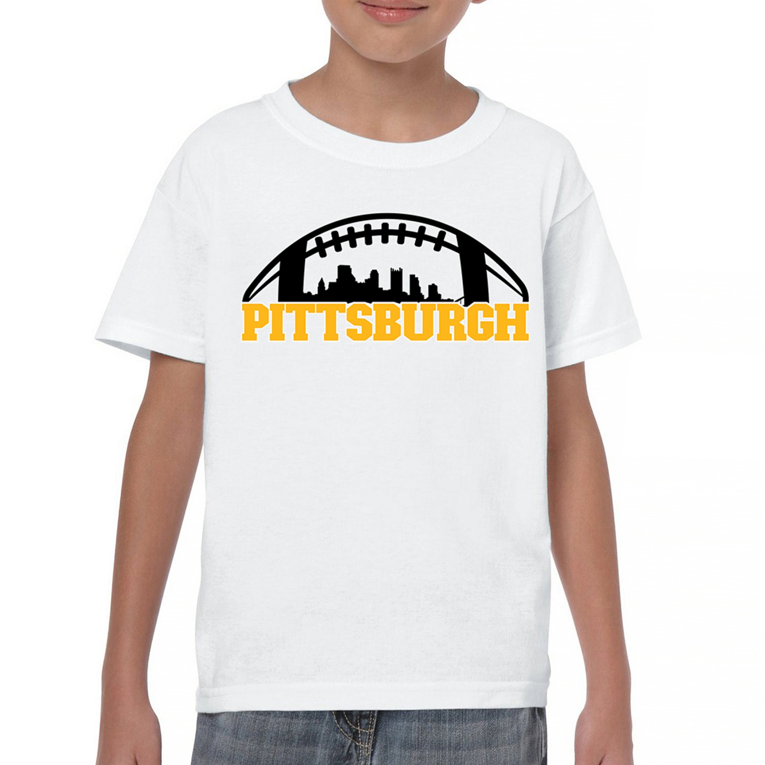 Pittsburgh Skyline Football Youth T-shirt Steel City Bleed Black and Gold Kids - Picture 2 of 50
