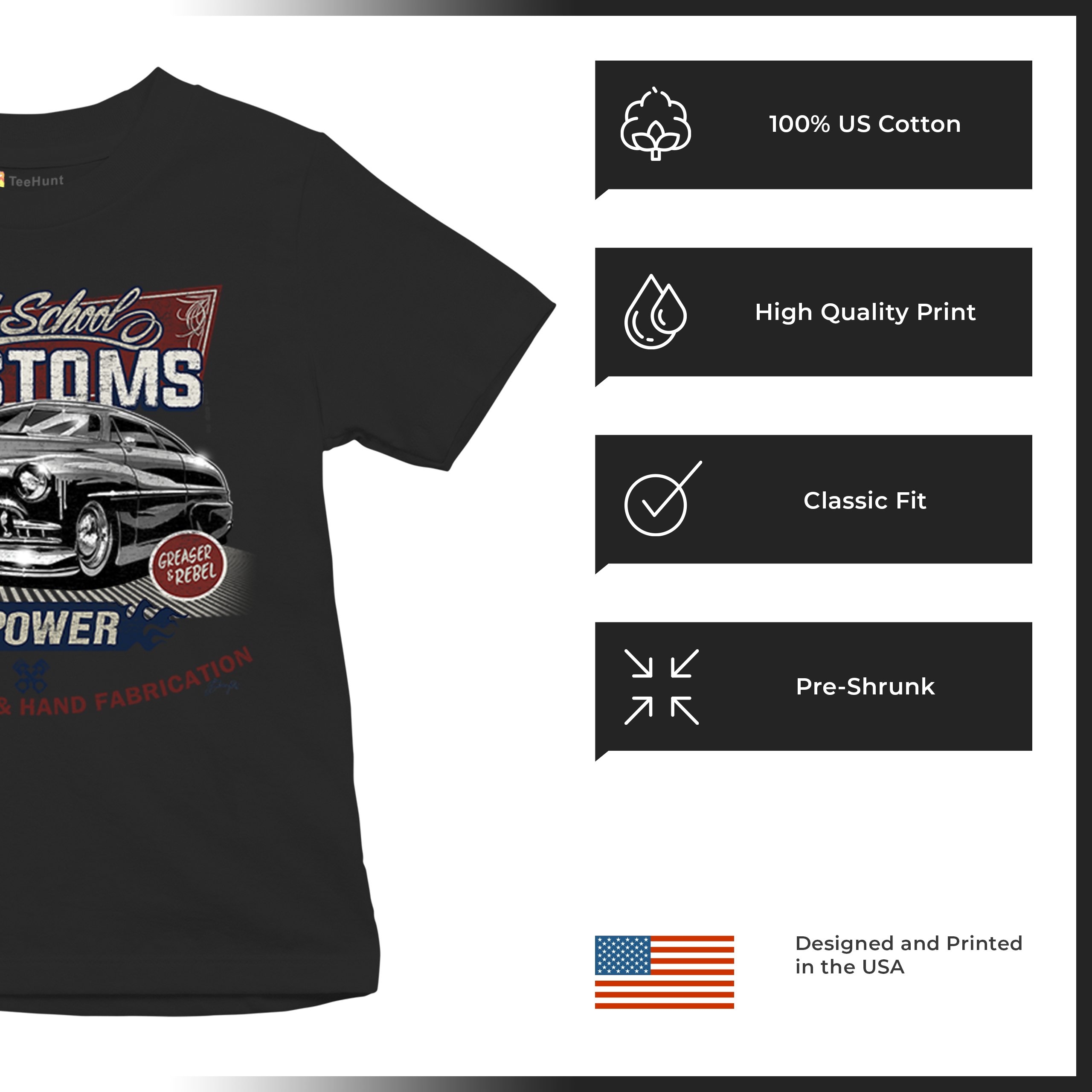 Old School Custom V8 Youth T-shirt Hot Rod Greaser & Rebel Classic Car Kids - Picture 7 of 50
