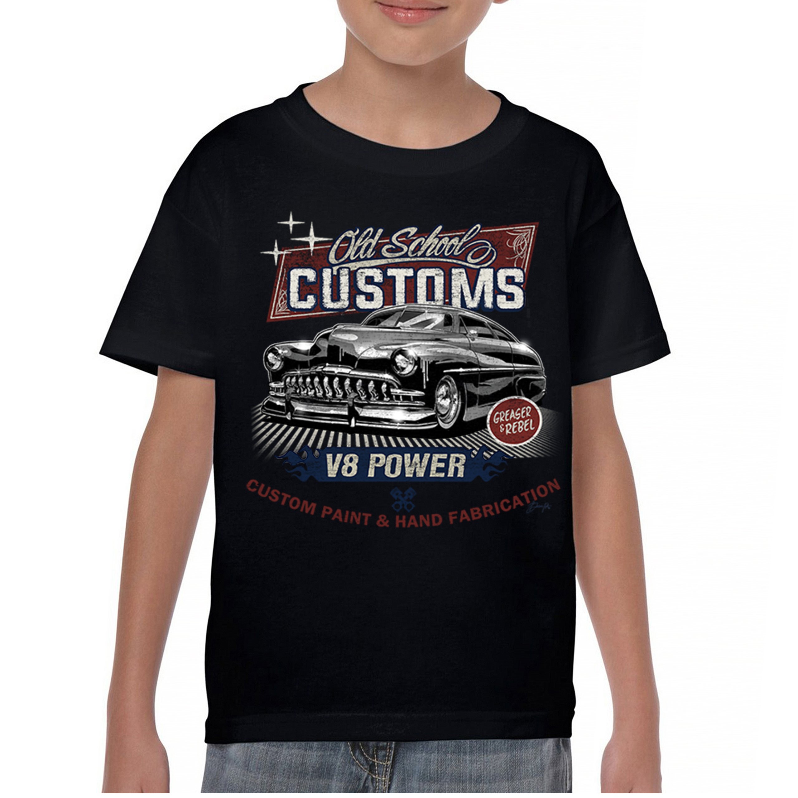 Old School Custom V8 Youth T-shirt Hot Rod Greaser & Rebel Classic Car Kids - Picture 2 of 50