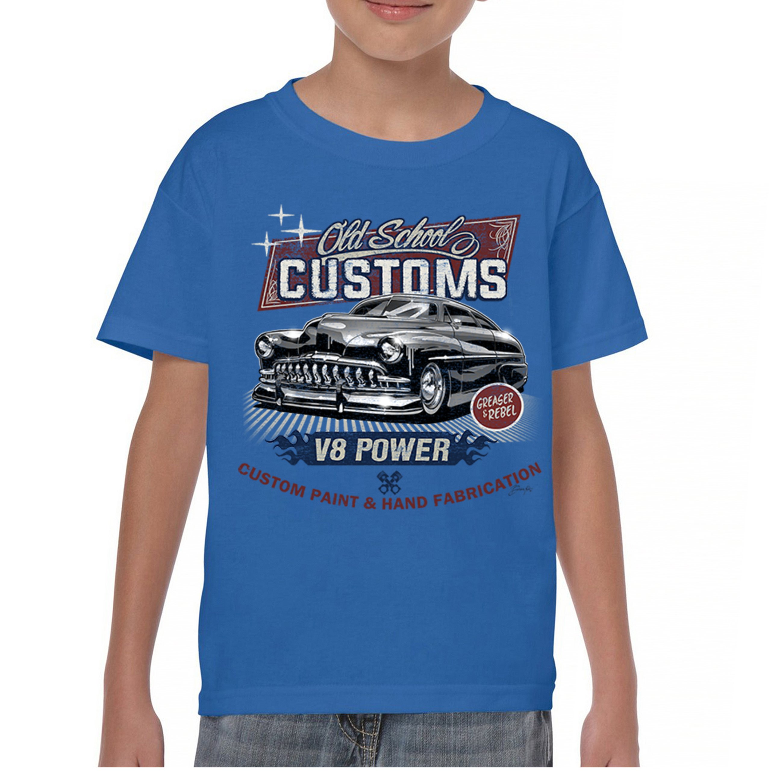 Old School Custom V8 Youth T-shirt Hot Rod Greaser & Rebel Classic Car Kids - Picture 37 of 50