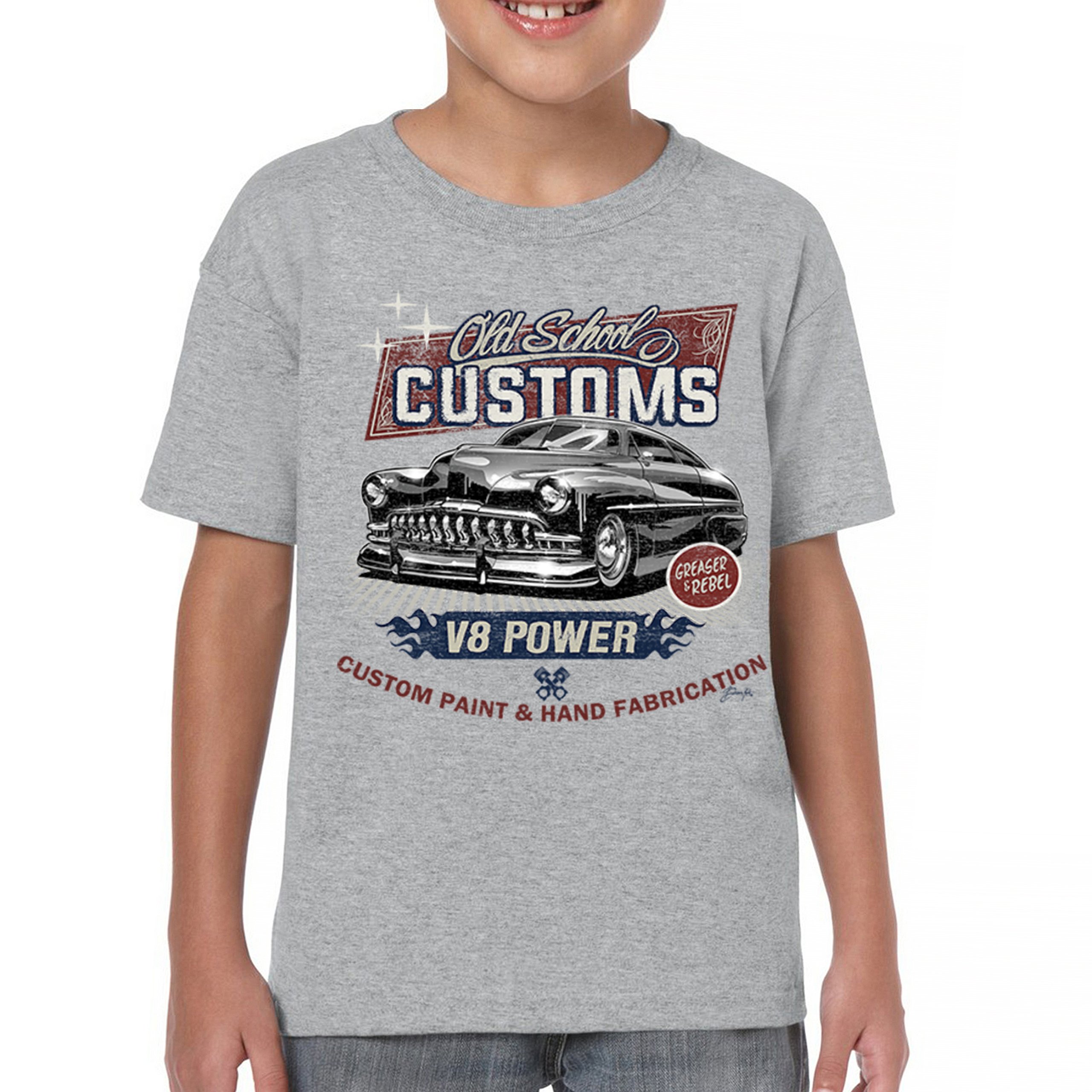 Old School Custom V8 Youth T-shirt Hot Rod Greaser & Rebel Classic Car Kids - Picture 9 of 50