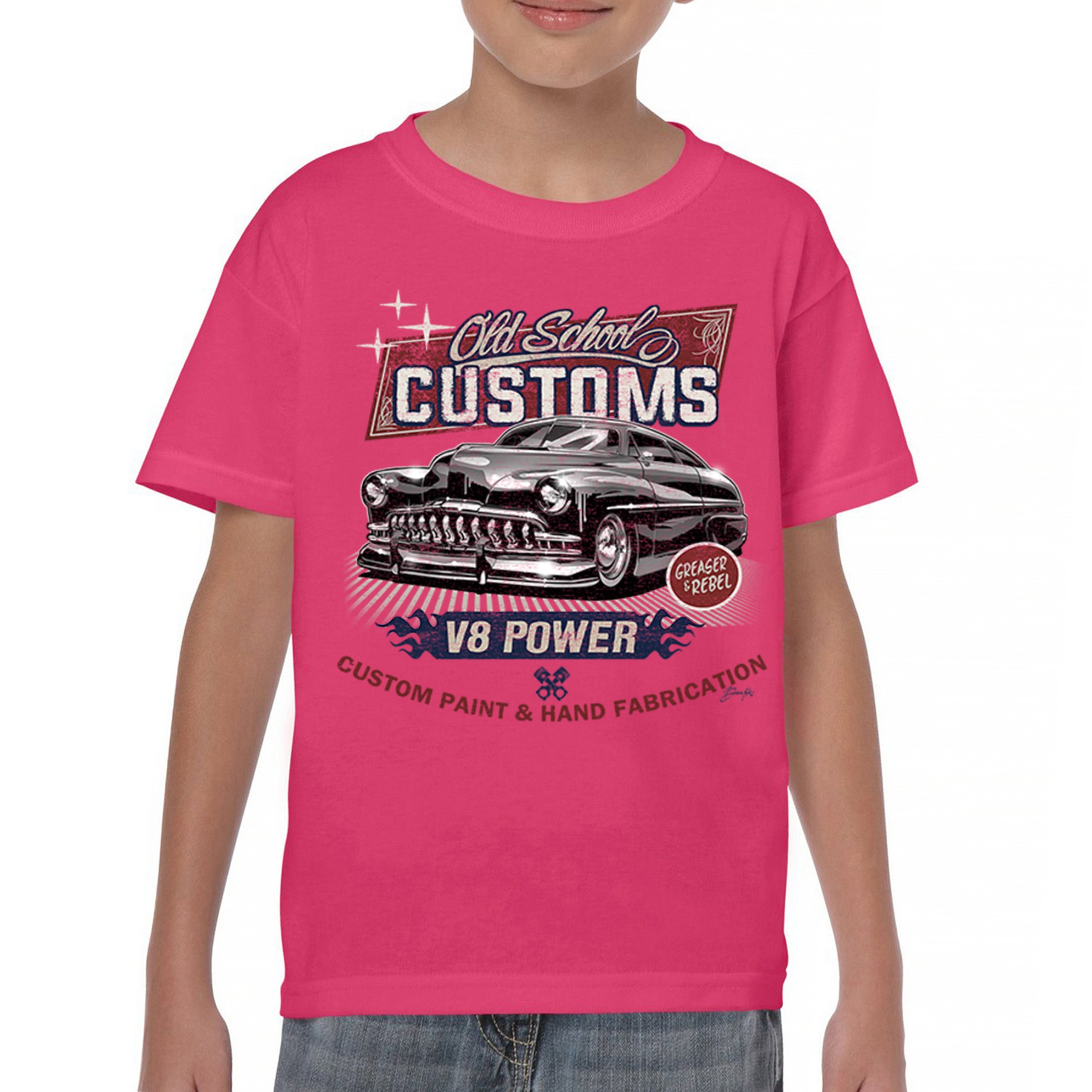 Old School Custom V8 Youth T-shirt Hot Rod Greaser & Rebel Classic Car Kids - Picture 44 of 50