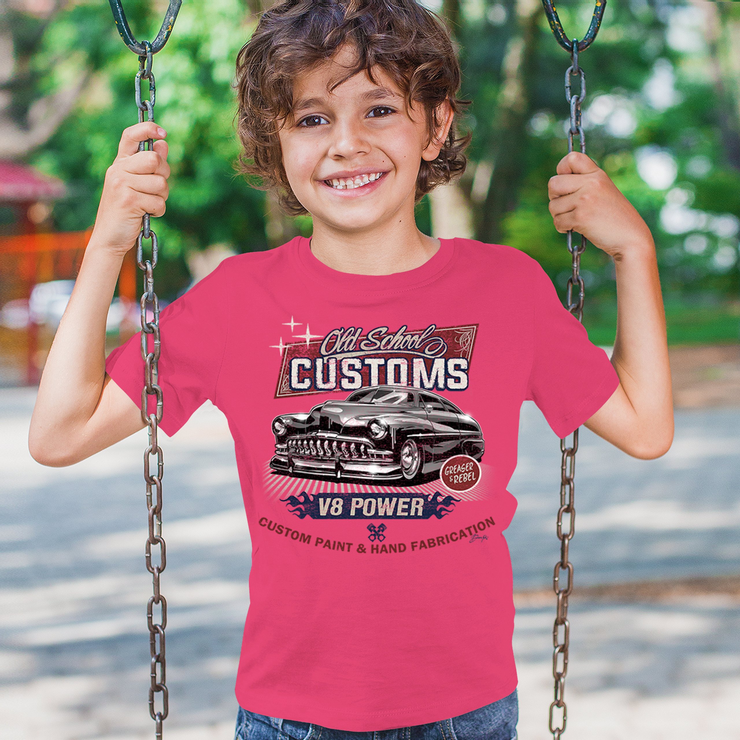 Old School Custom V8 Youth T-shirt Hot Rod Greaser & Rebel Classic Car Kids - Picture 47 of 50