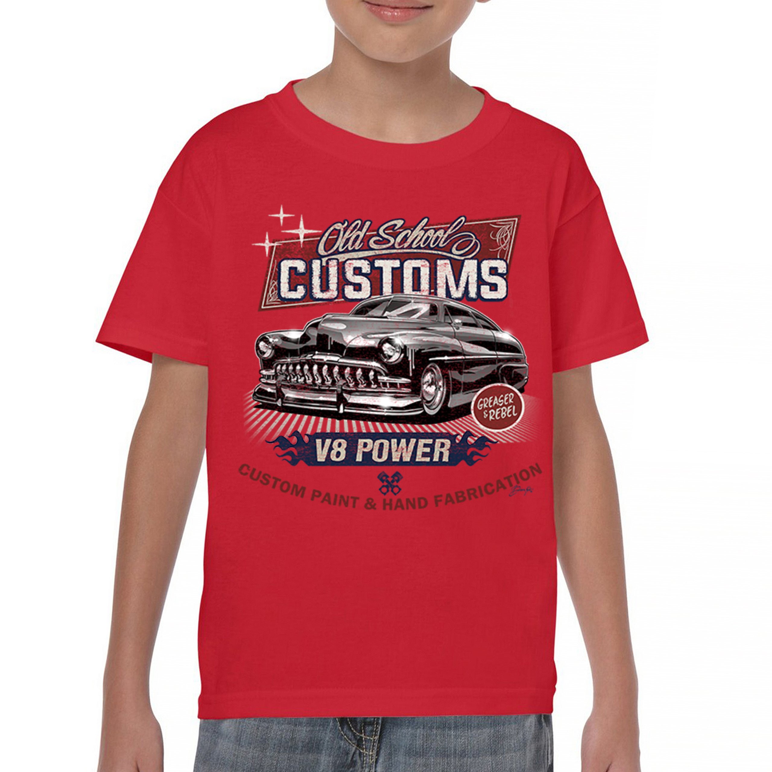 Old School Custom V8 Youth T-shirt Hot Rod Greaser & Rebel Classic Car Kids - Picture 16 of 50