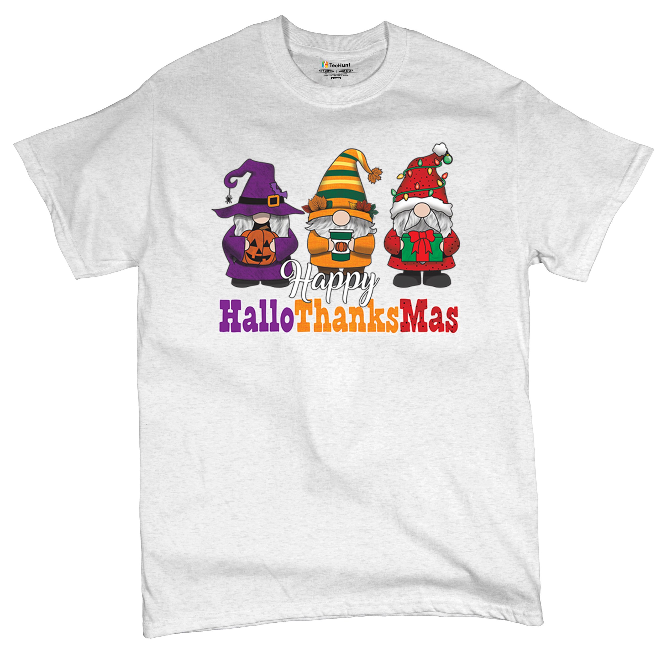 HallowThanksMas T-shirt Gnomes Halloween Thanksgiving Christmas Men's Tee - Picture 69 of 113