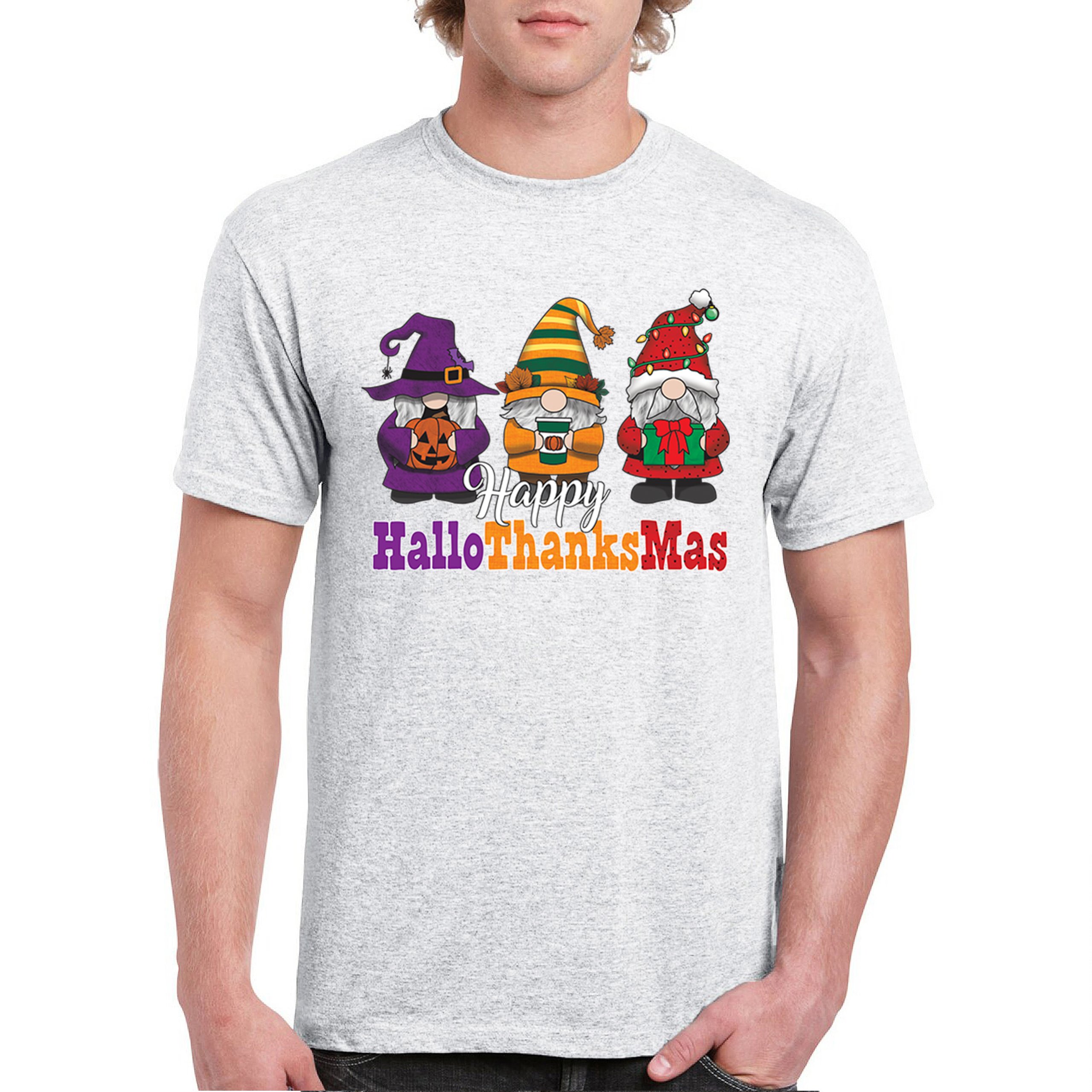 HallowThanksMas T-shirt Gnomes Halloween Thanksgiving Christmas Men's Tee - Picture 65 of 113