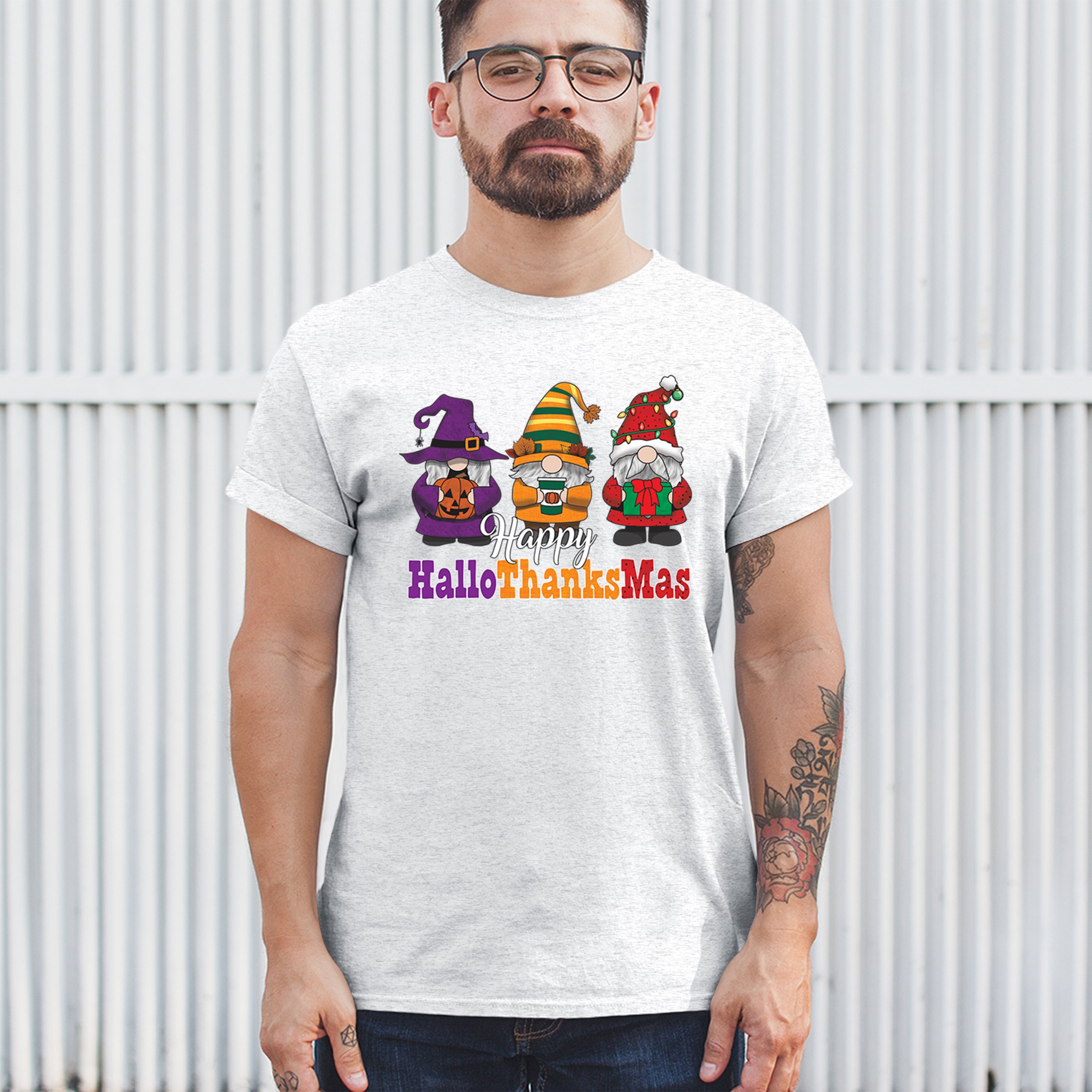 HallowThanksMas T-shirt Gnomes Halloween Thanksgiving Christmas Men's Tee - Picture 68 of 113