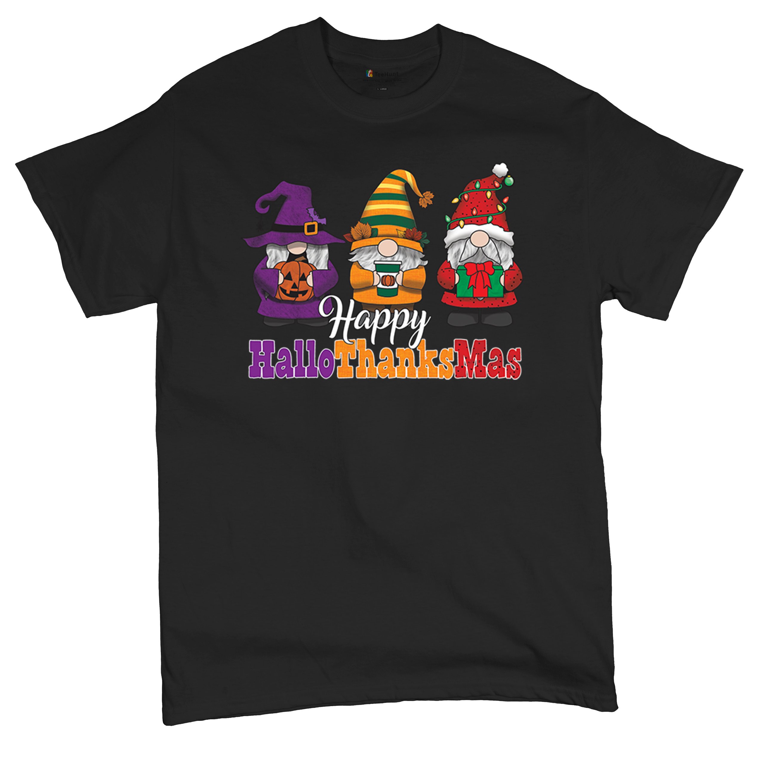 HallowThanksMas T-shirt Gnomes Halloween Thanksgiving Christmas Men's Tee - Picture 6 of 113