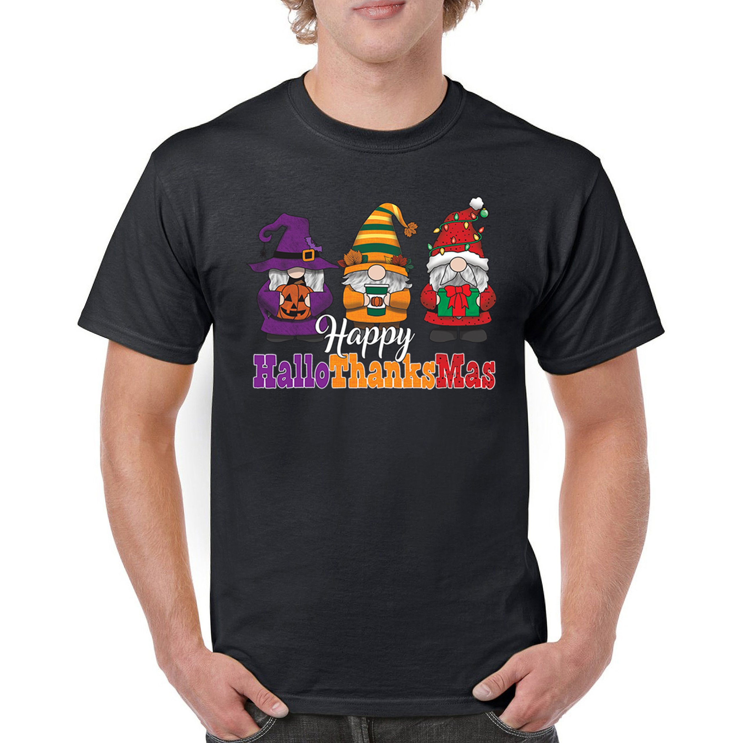 HallowThanksMas T-shirt Gnomes Halloween Thanksgiving Christmas Men's Tee - Picture 2 of 113