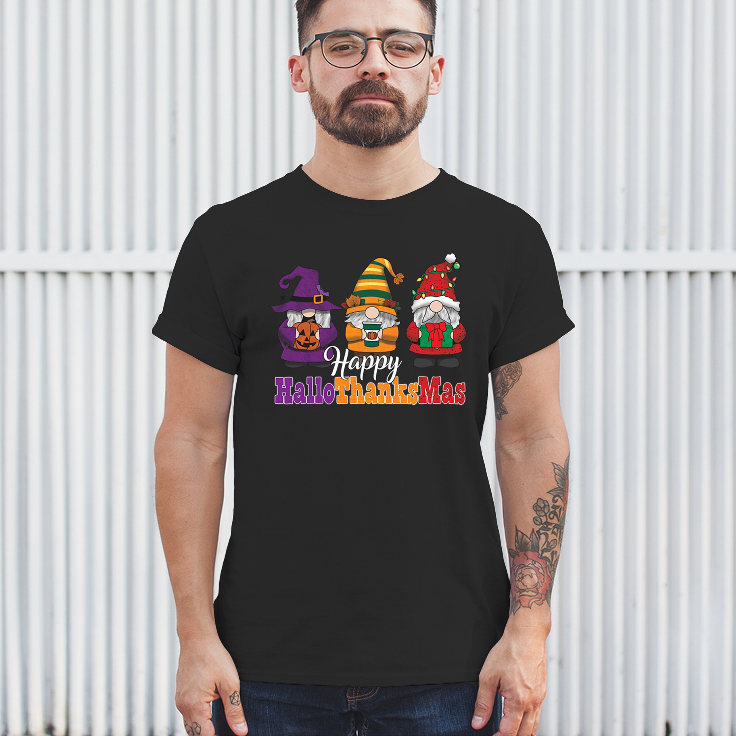 HallowThanksMas T-shirt Gnomes Halloween Thanksgiving Christmas Men's Tee - Picture 5 of 113