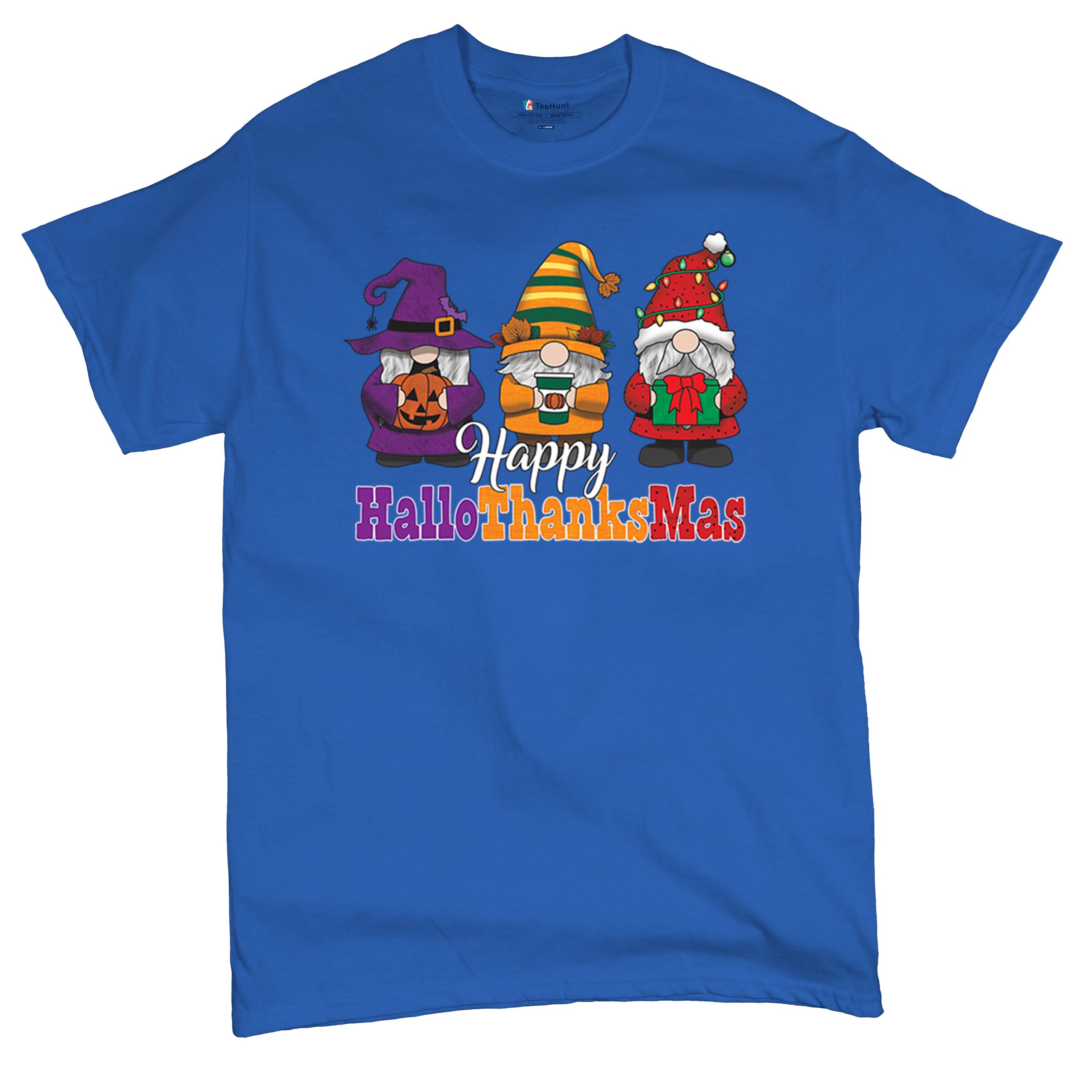 HallowThanksMas T-shirt Gnomes Halloween Thanksgiving Christmas Men's Tee - Picture 104 of 113