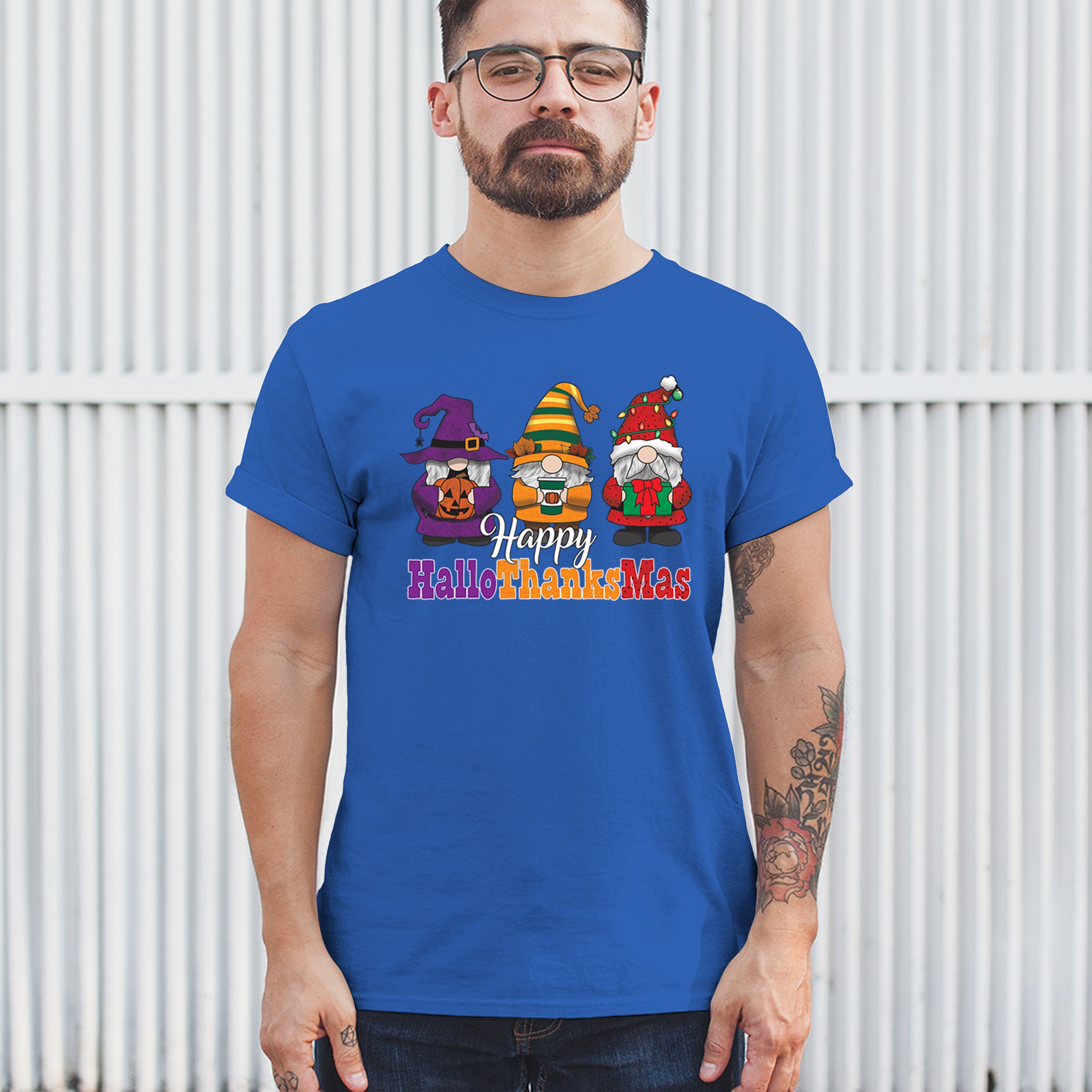HallowThanksMas T-shirt Gnomes Halloween Thanksgiving Christmas Men's Tee - Picture 103 of 113