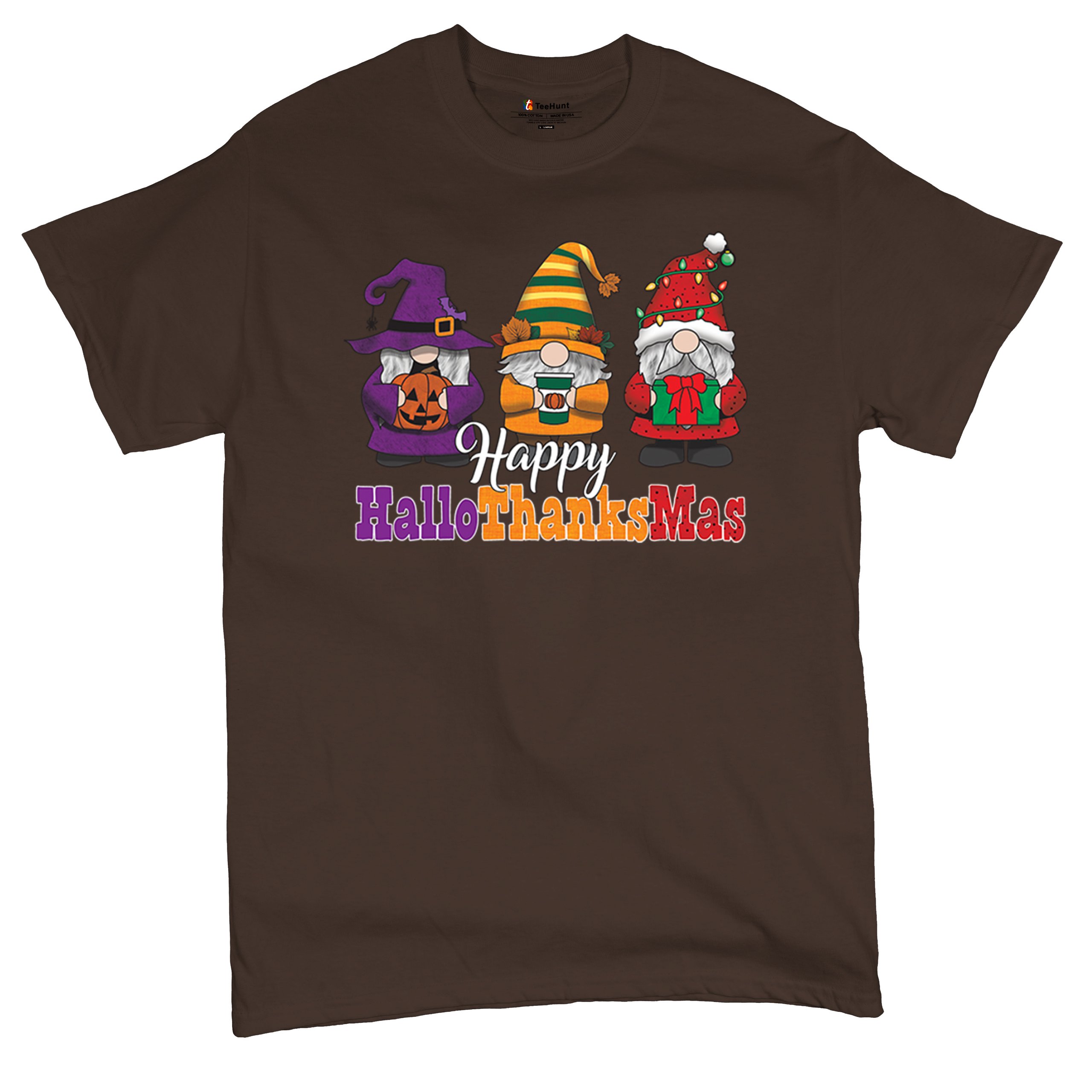 HallowThanksMas T-shirt Gnomes Halloween Thanksgiving Christmas Men's Tee - Picture 76 of 113