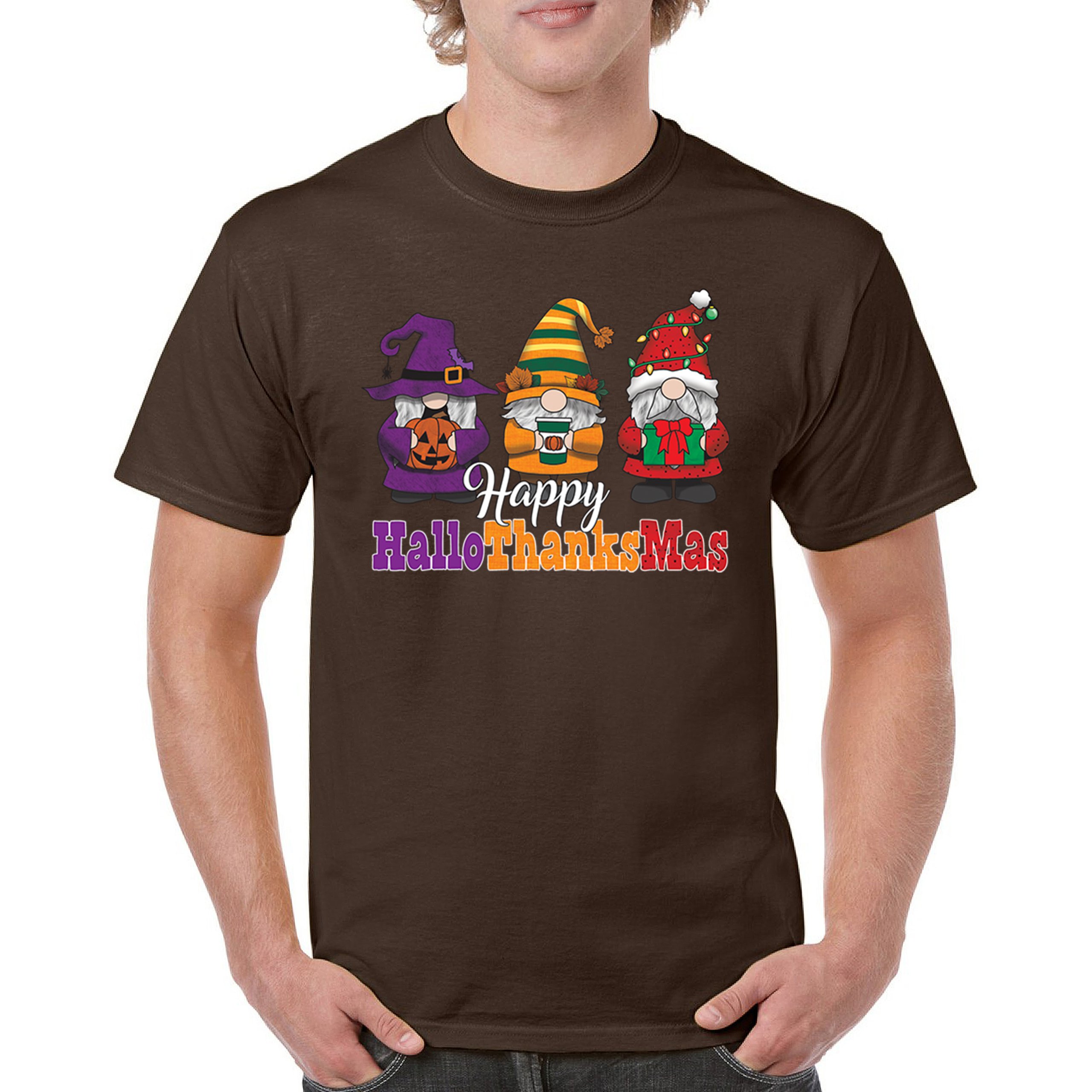 HallowThanksMas T-shirt Gnomes Halloween Thanksgiving Christmas Men's Tee - Picture 72 of 113