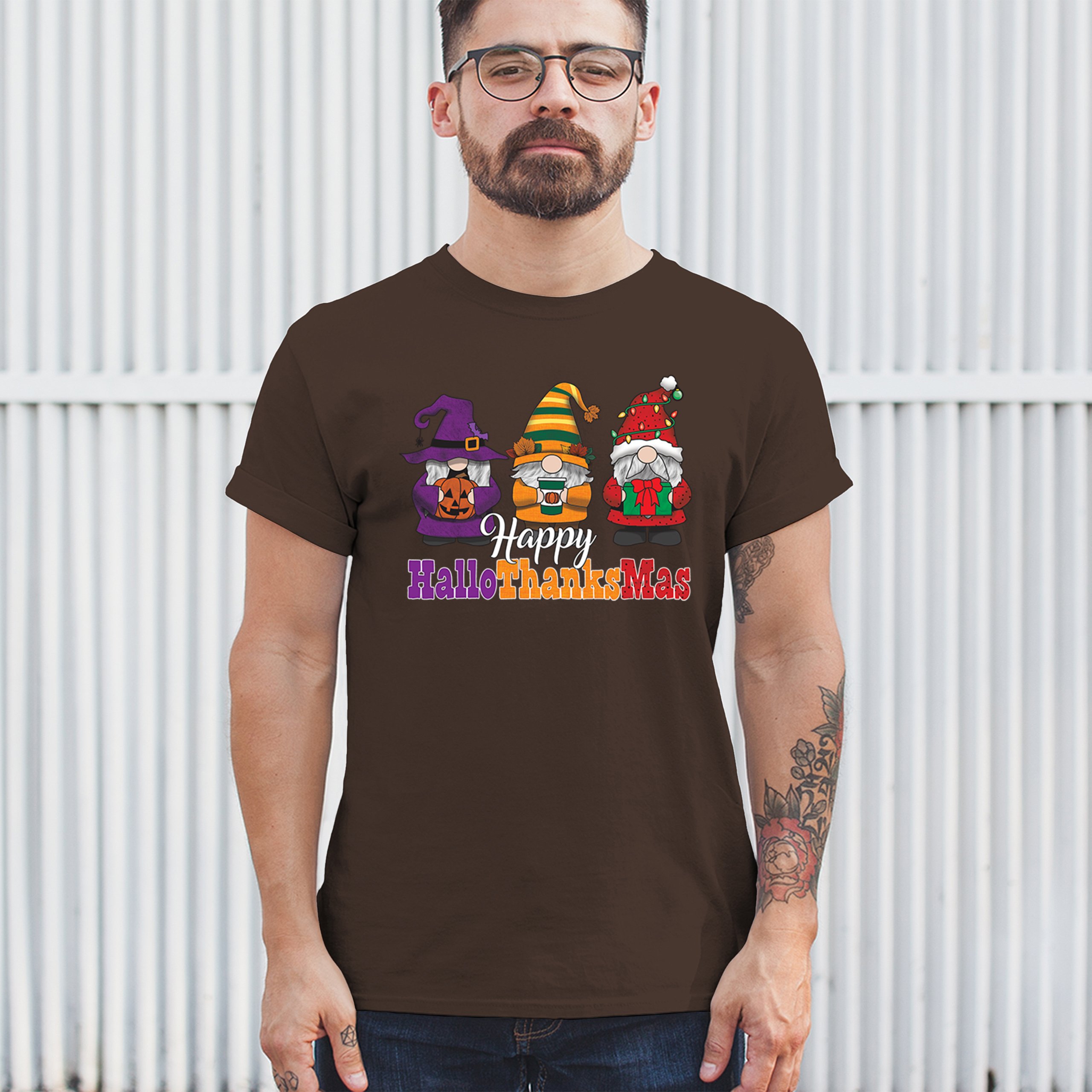 HallowThanksMas T-shirt Gnomes Halloween Thanksgiving Christmas Men's Tee - Picture 75 of 113