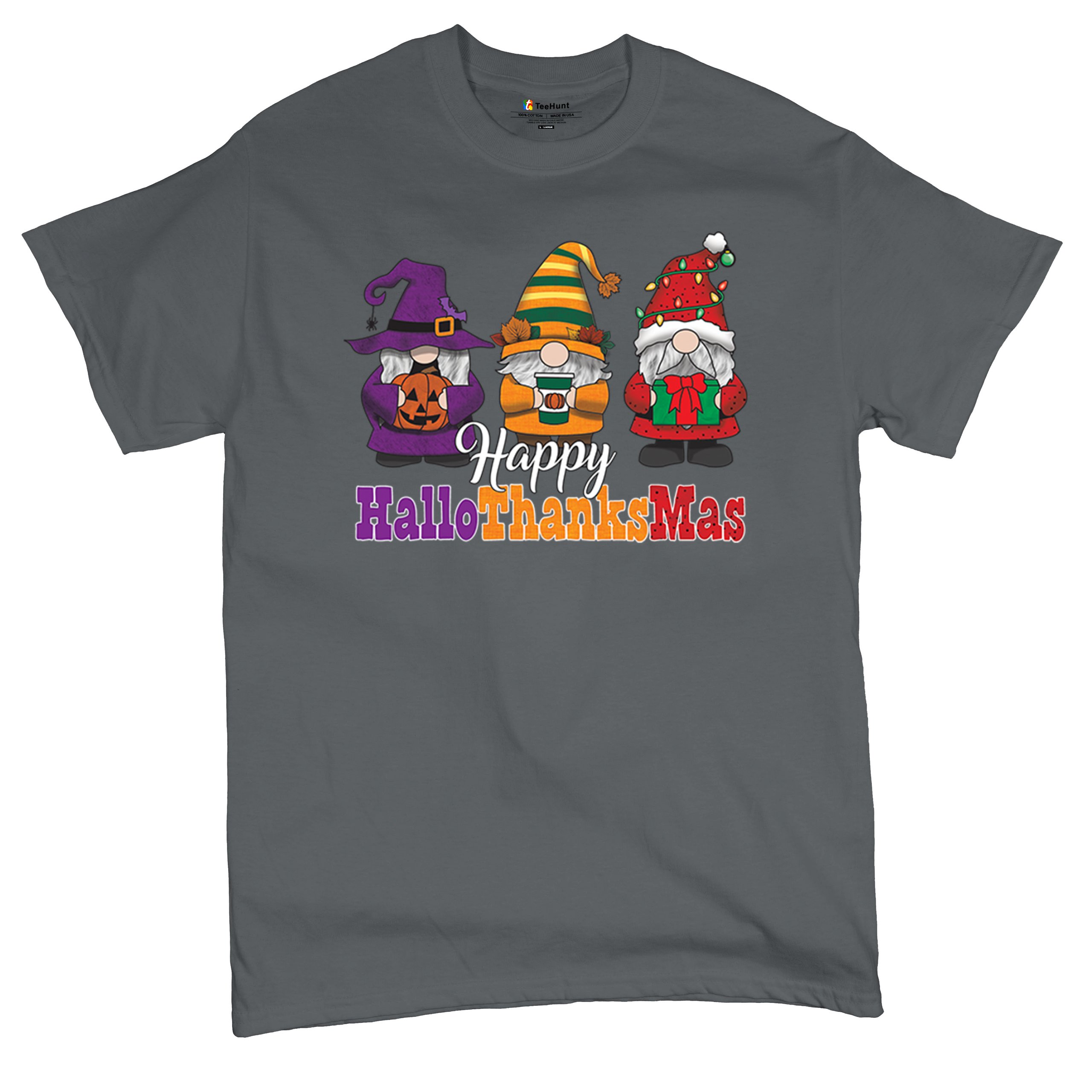 HallowThanksMas T-shirt Gnomes Halloween Thanksgiving Christmas Men's Tee - Picture 83 of 113
