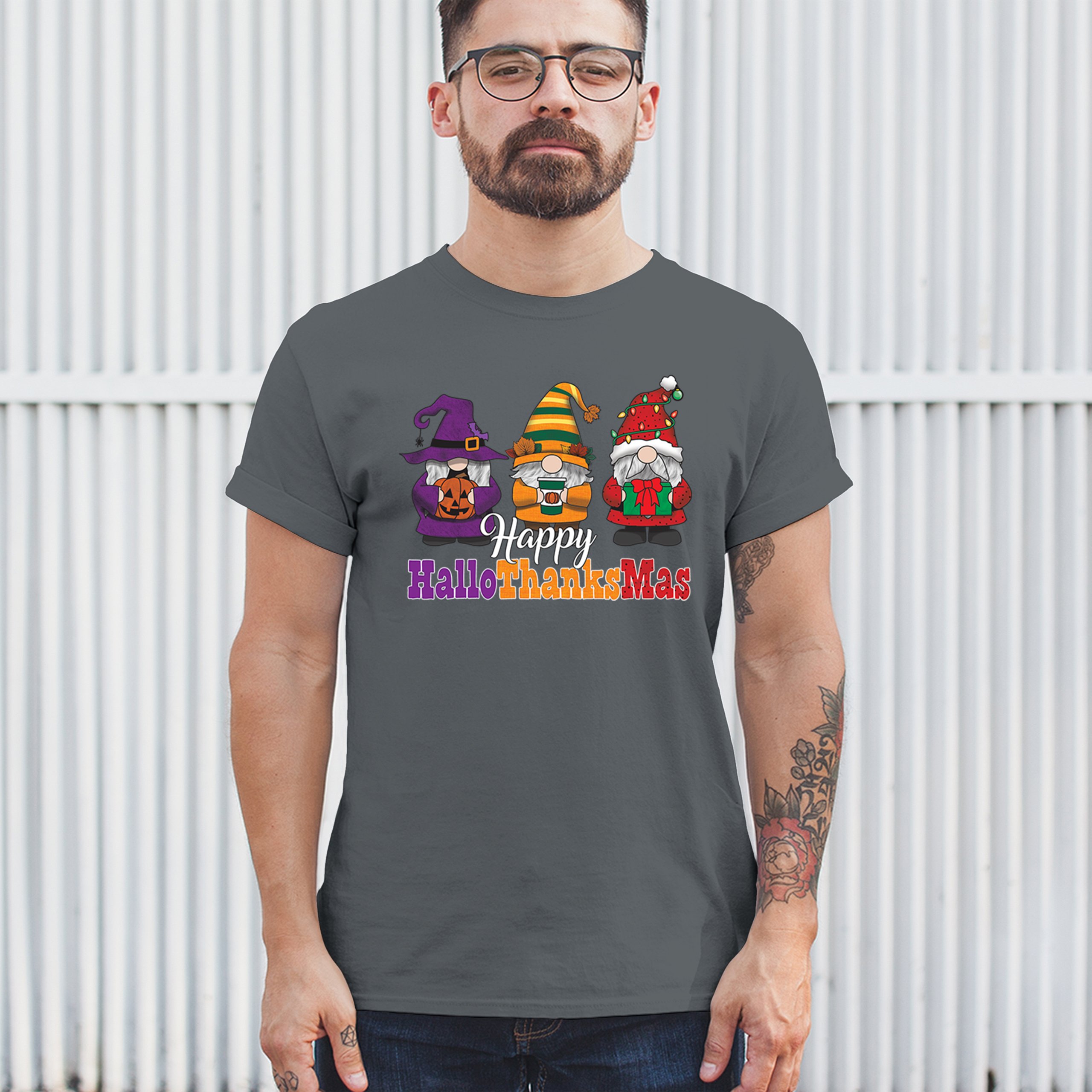 HallowThanksMas T-shirt Gnomes Halloween Thanksgiving Christmas Men's Tee - Picture 82 of 113