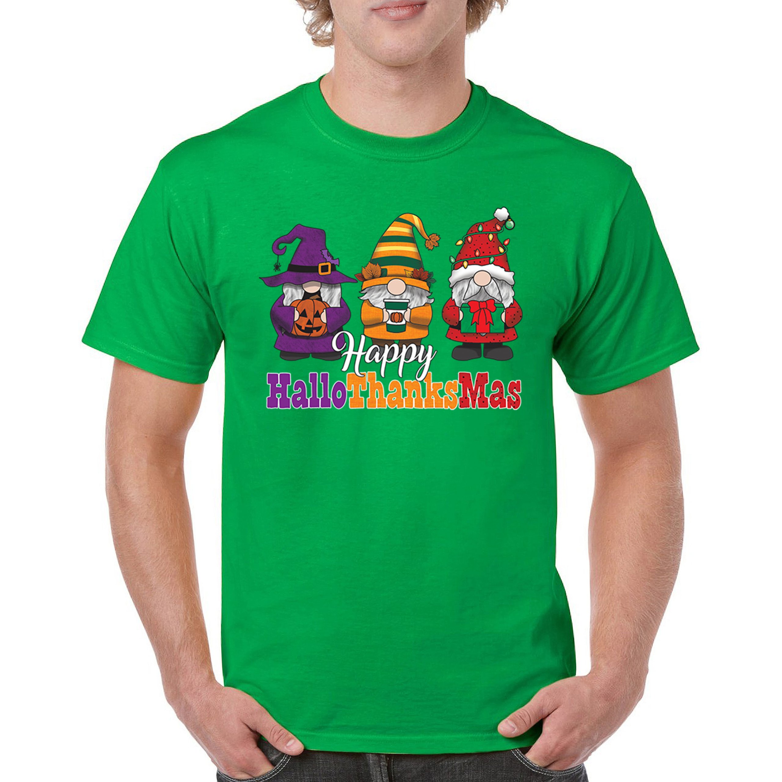 HallowThanksMas T-shirt Gnomes Halloween Thanksgiving Christmas Men's Tee - Picture 58 of 113