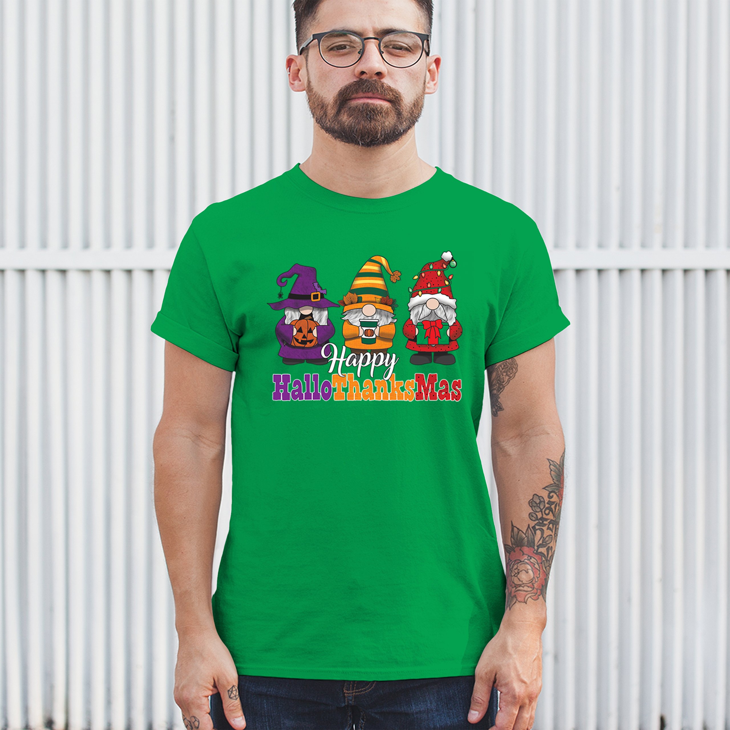 HallowThanksMas T-shirt Gnomes Halloween Thanksgiving Christmas Men's Tee - Picture 61 of 113