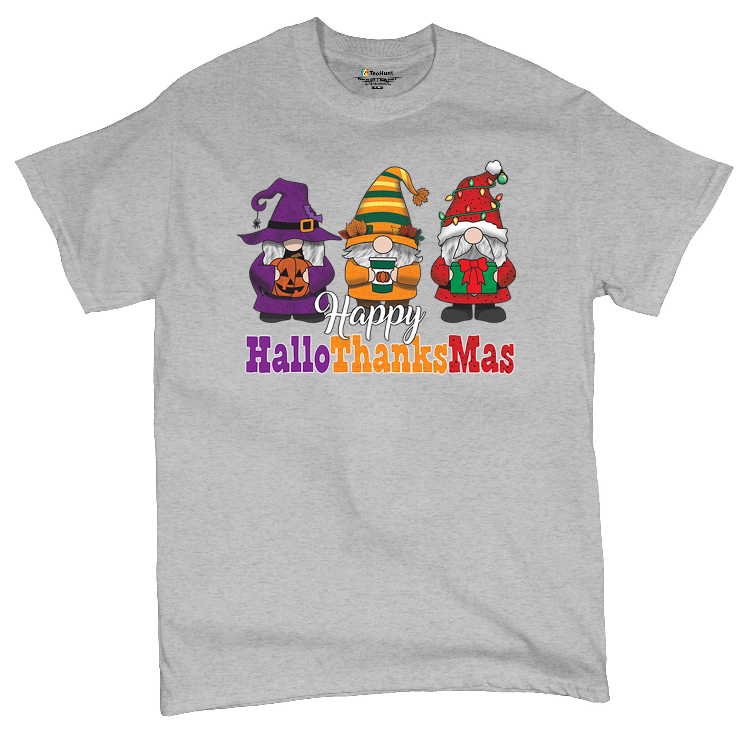HallowThanksMas T-shirt Gnomes Halloween Thanksgiving Christmas Men's Tee - Picture 13 of 113