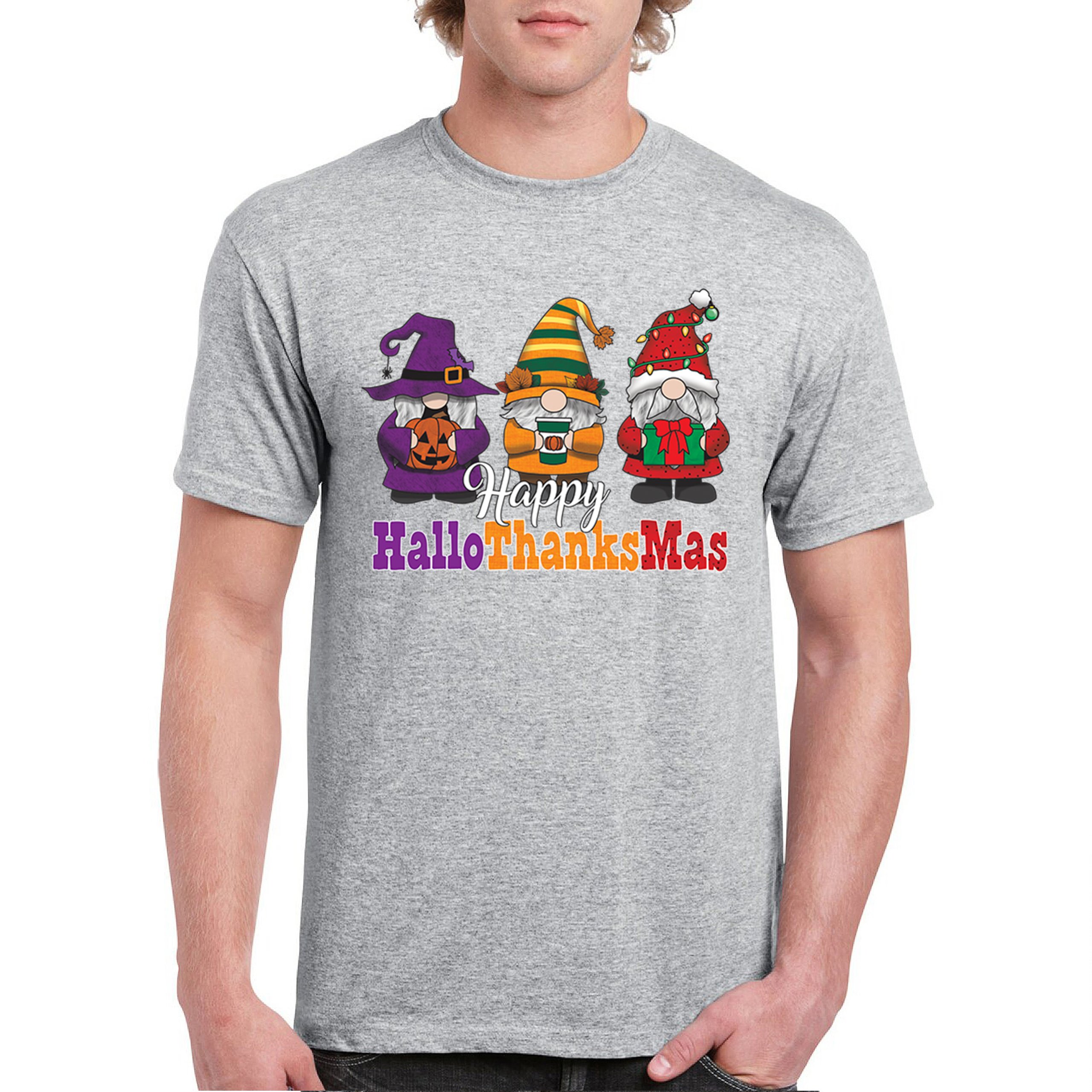HallowThanksMas T-shirt Gnomes Halloween Thanksgiving Christmas Men's Tee - Picture 9 of 113