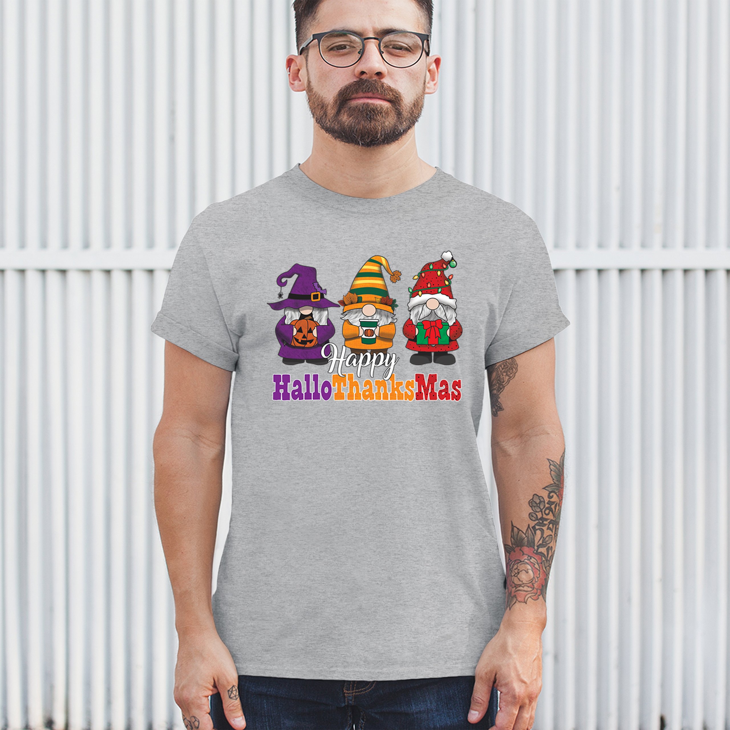 HallowThanksMas T-shirt Gnomes Halloween Thanksgiving Christmas Men's Tee - Picture 12 of 113