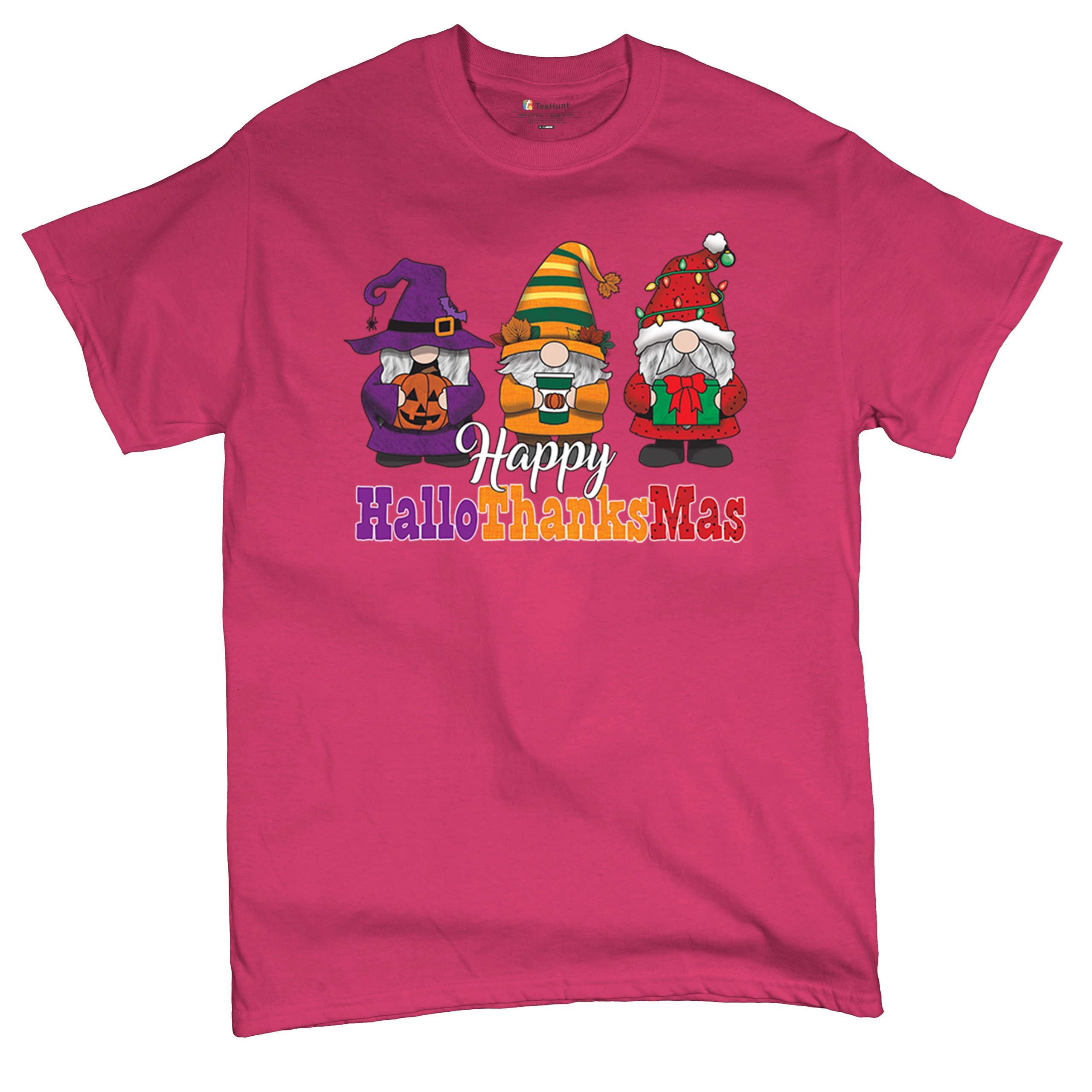 HallowThanksMas T-shirt Gnomes Halloween Thanksgiving Christmas Men's Tee - Picture 27 of 113
