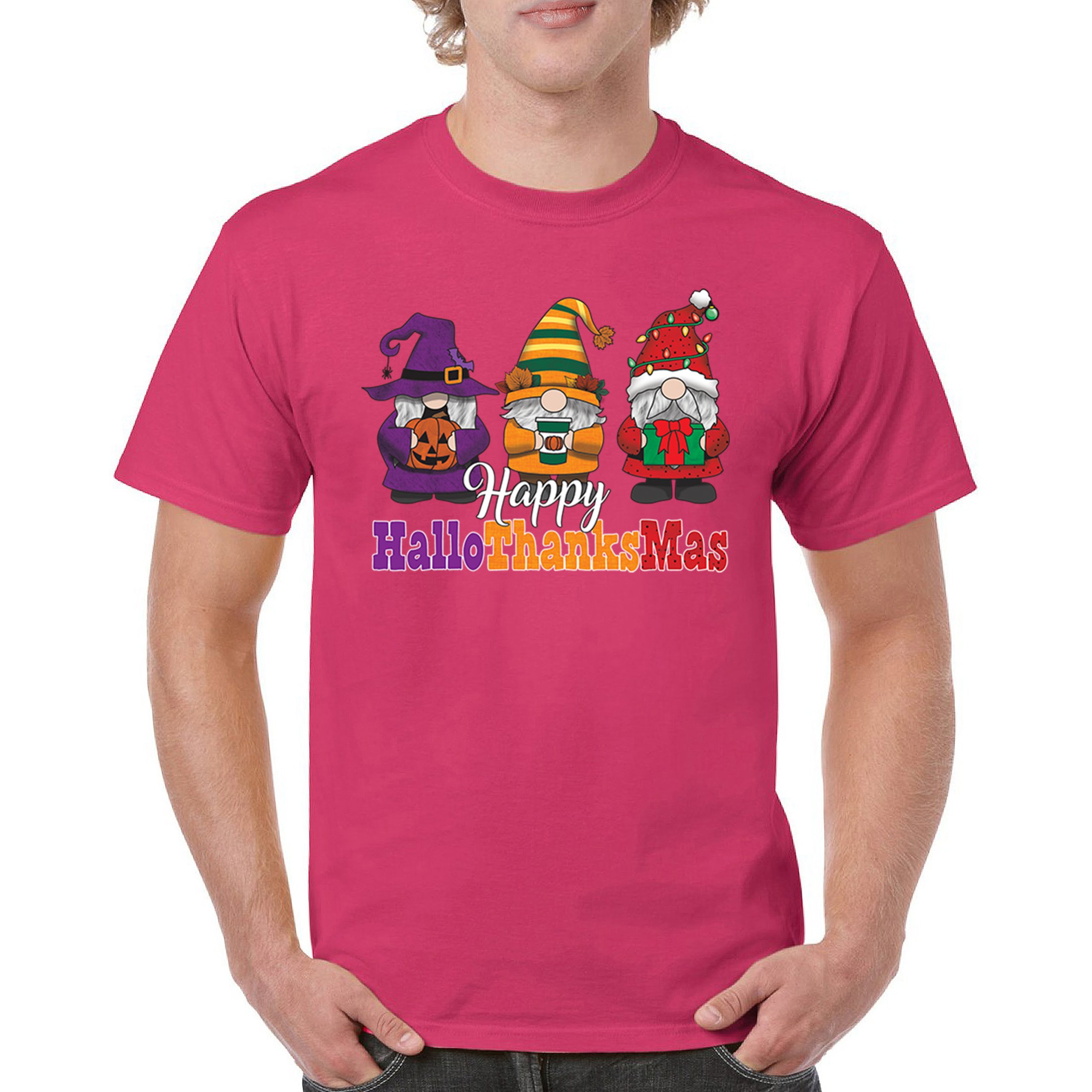 HallowThanksMas T-shirt Gnomes Halloween Thanksgiving Christmas Men's Tee - Picture 23 of 113