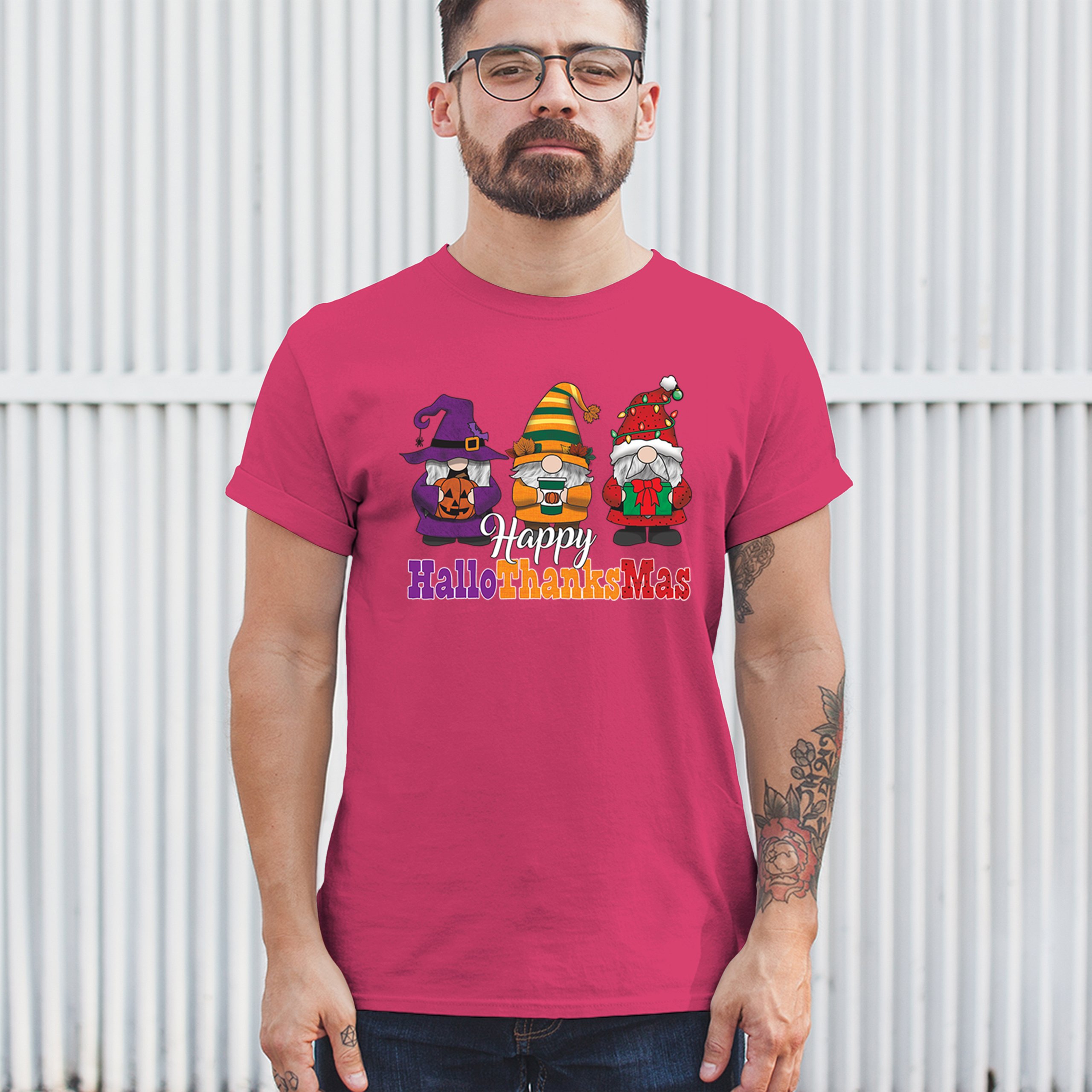 HallowThanksMas T-shirt Gnomes Halloween Thanksgiving Christmas Men's Tee - Picture 26 of 113