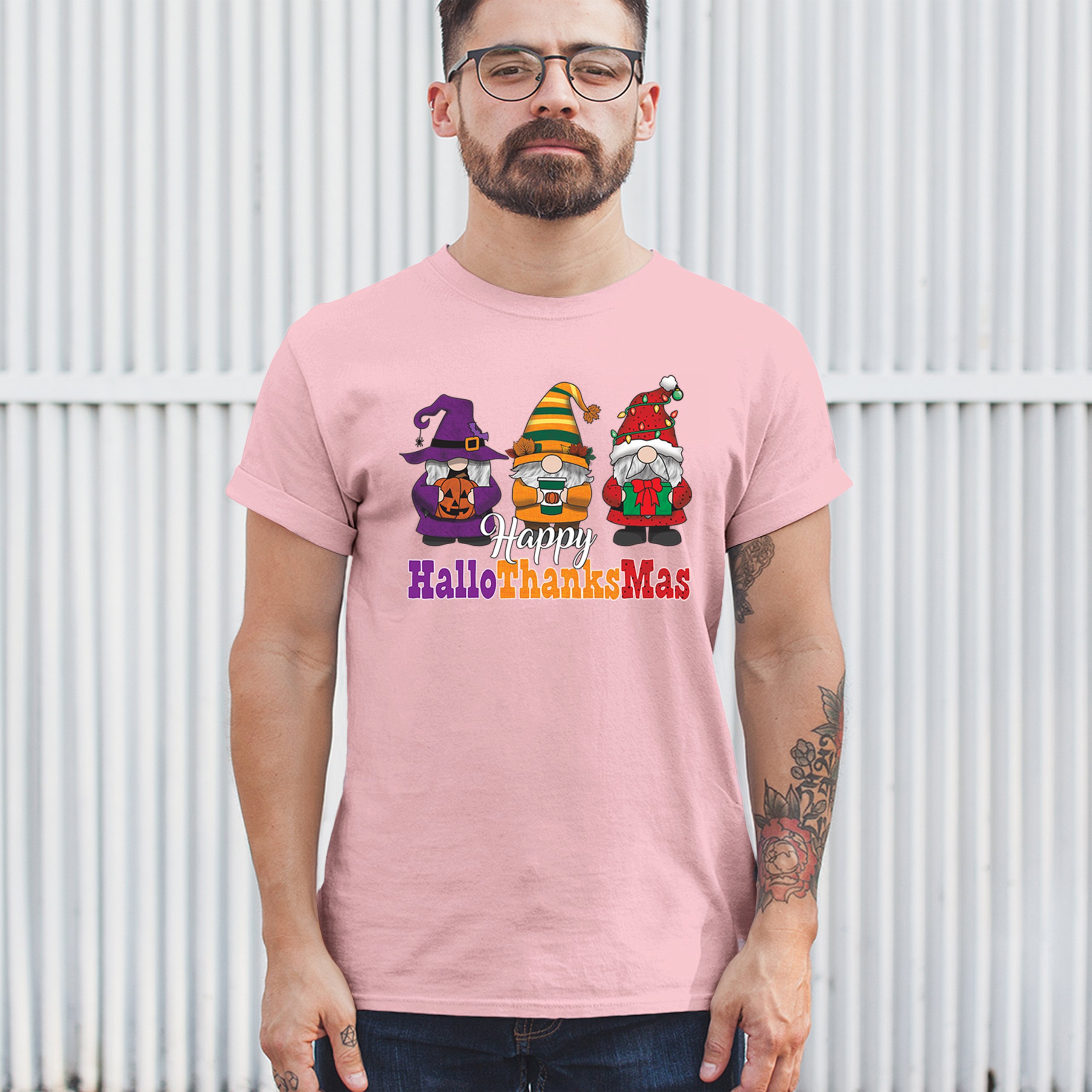 HallowThanksMas T-shirt Gnomes Halloween Thanksgiving Christmas Men's Tee - Picture 89 of 113