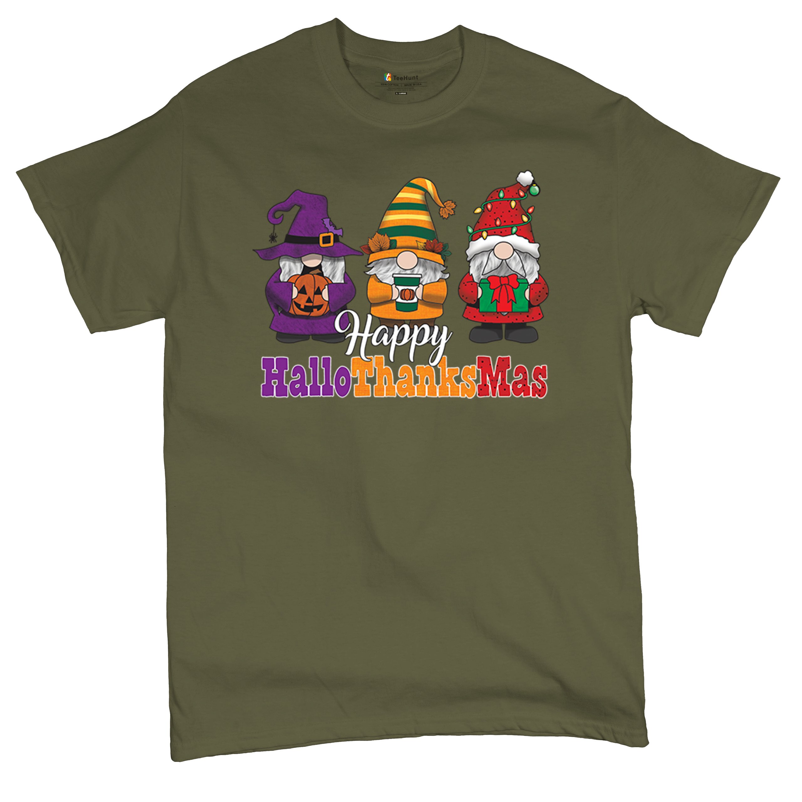 HallowThanksMas T-shirt Gnomes Halloween Thanksgiving Christmas Men's Tee - Picture 97 of 113