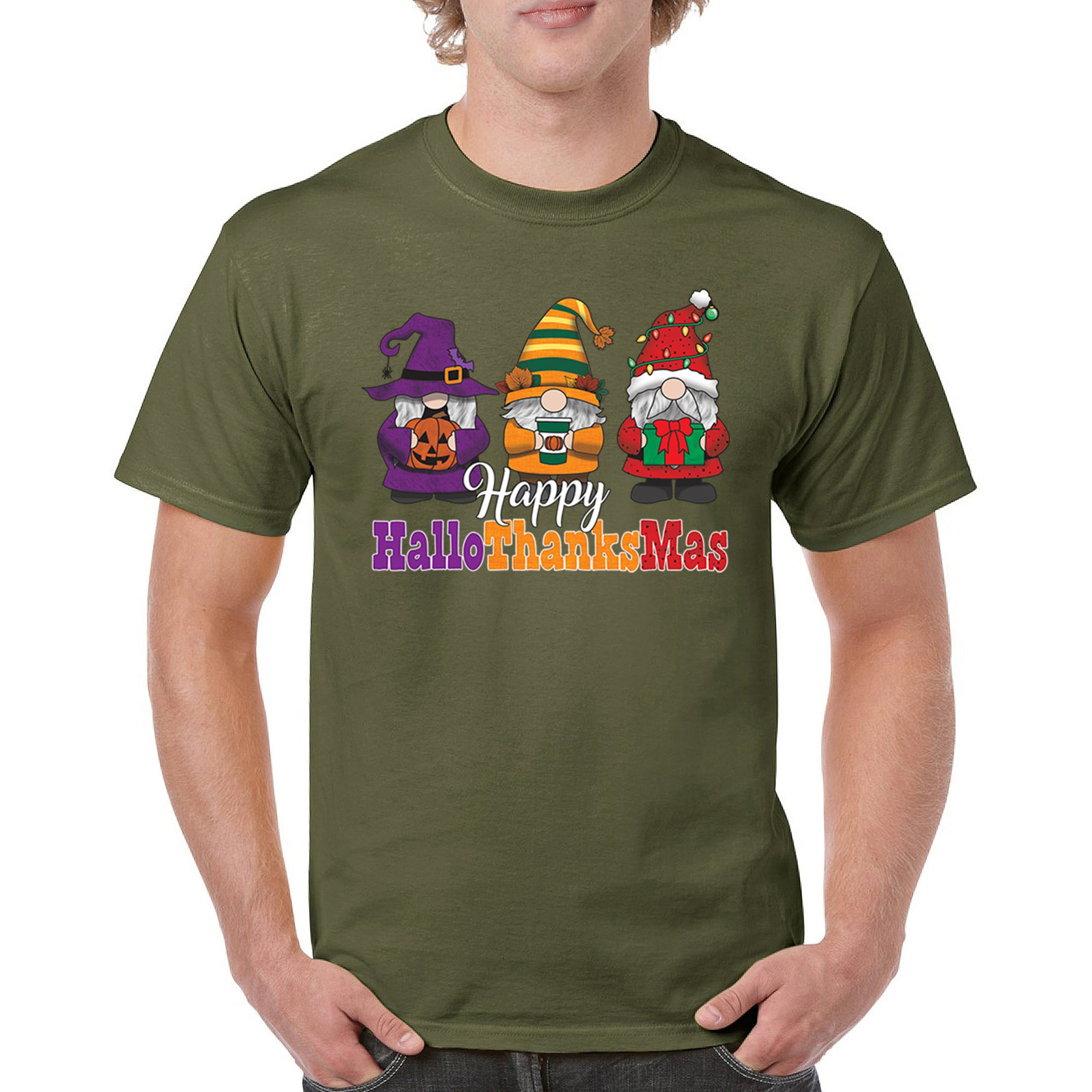 HallowThanksMas T-shirt Gnomes Halloween Thanksgiving Christmas Men's Tee - Picture 93 of 113