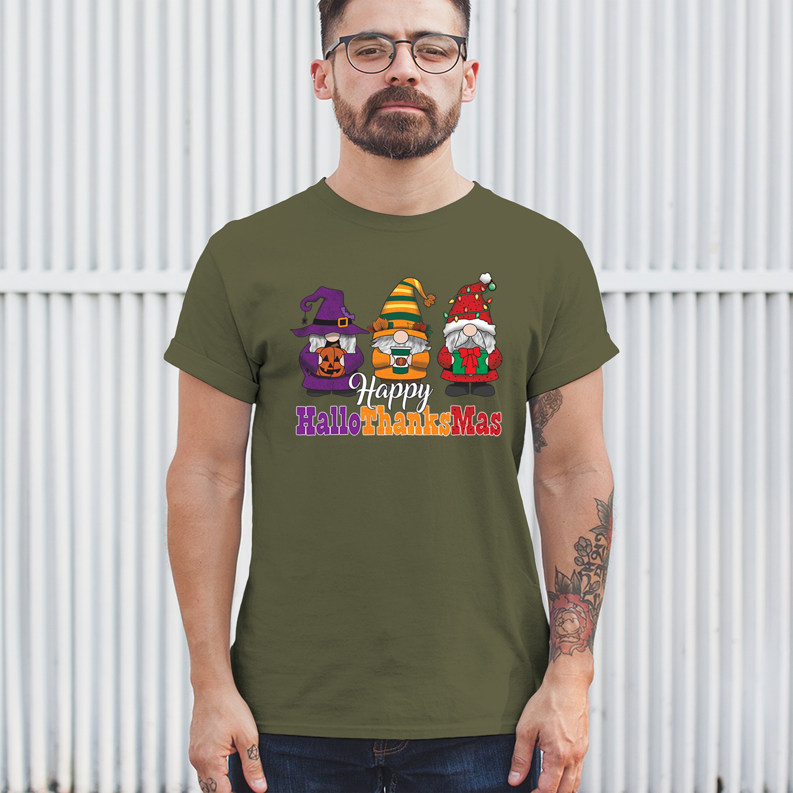 HallowThanksMas T-shirt Gnomes Halloween Thanksgiving Christmas Men's Tee - Picture 96 of 113