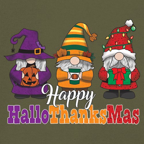 HallowThanksMas T-shirt Gnomes Halloween Thanksgiving Christmas Men's Tee - Picture 95 of 113