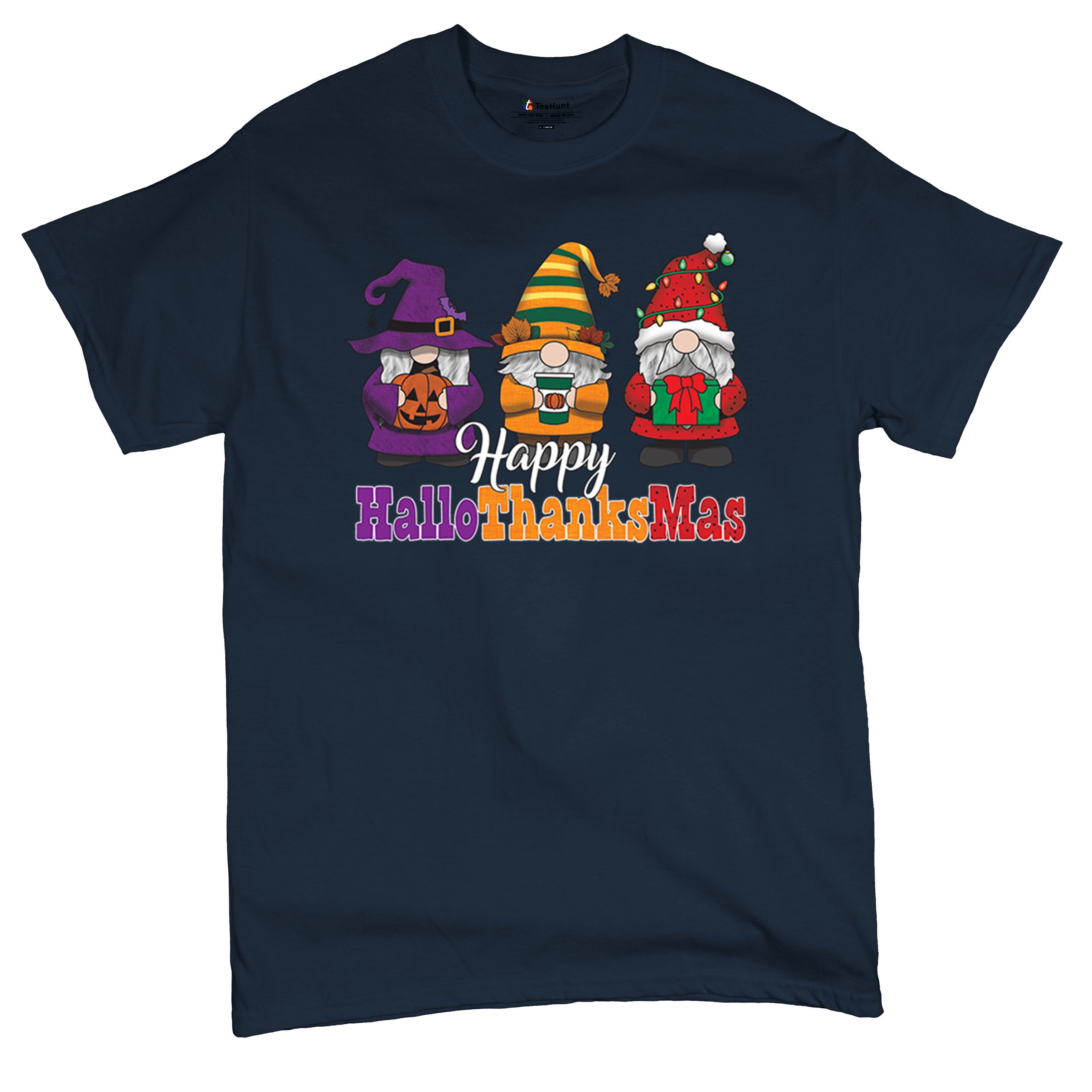 HallowThanksMas T-shirt Gnomes Halloween Thanksgiving Christmas Men's Tee - Picture 55 of 113