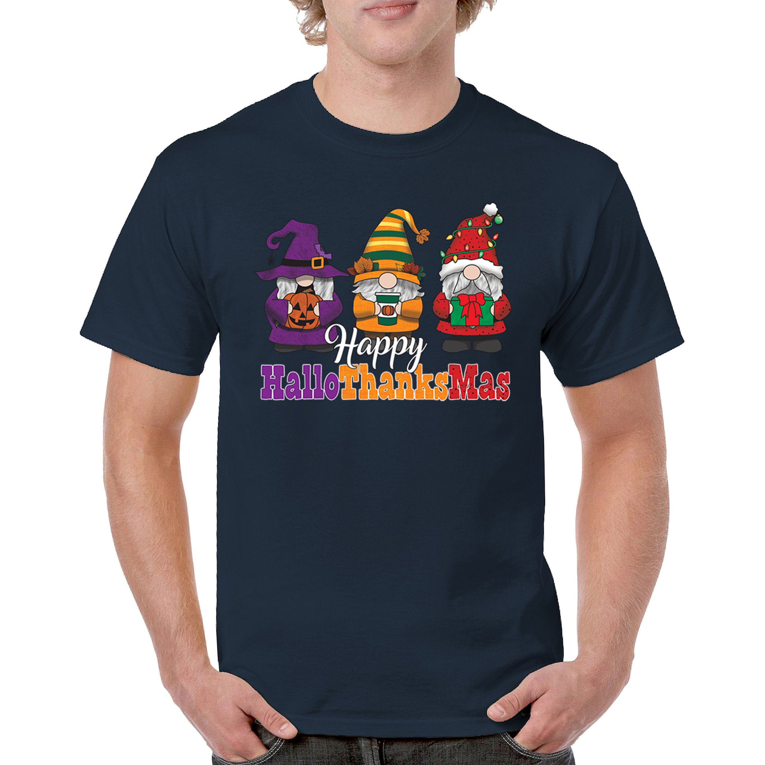 HallowThanksMas T-shirt Gnomes Halloween Thanksgiving Christmas Men's Tee - Picture 51 of 113