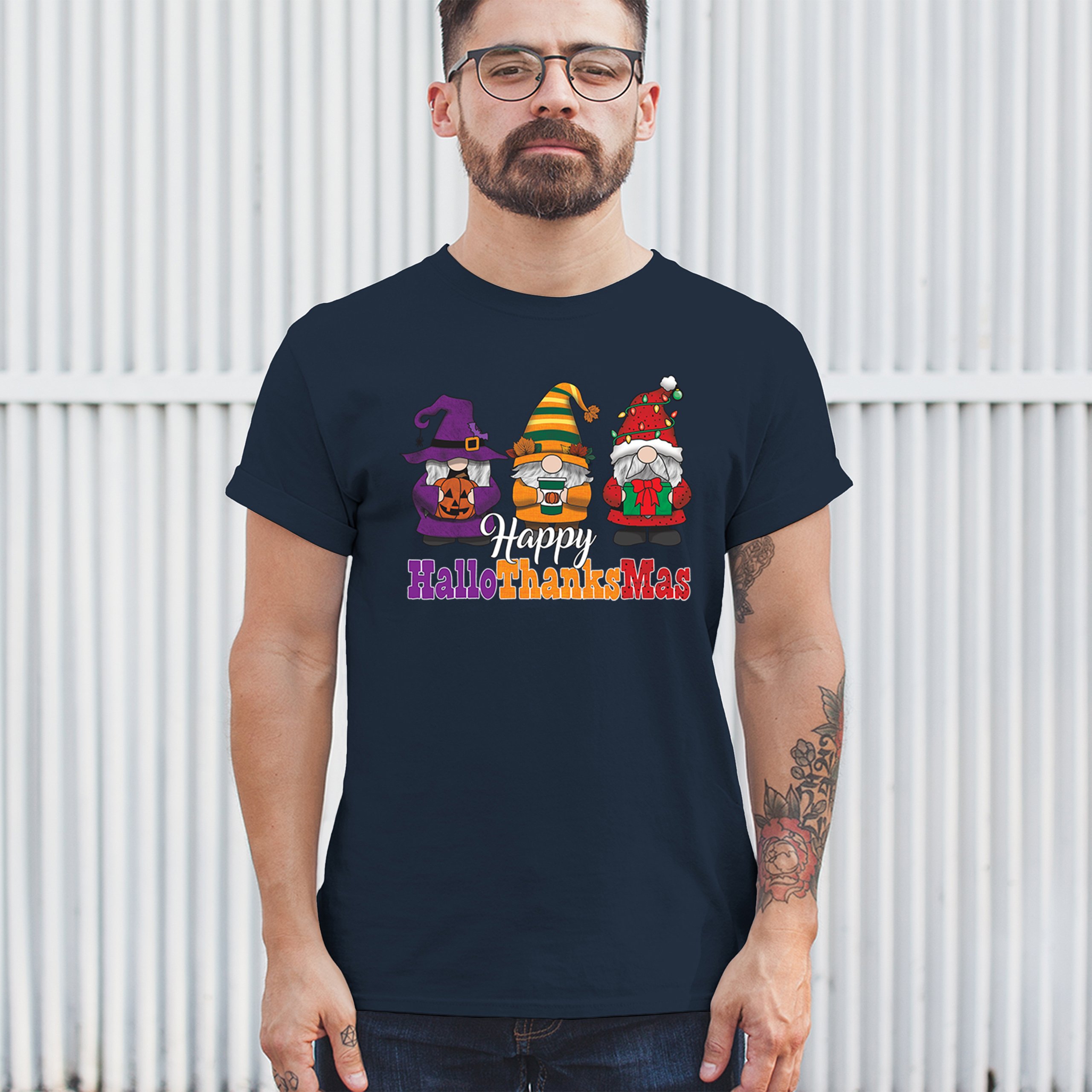 HallowThanksMas T-shirt Gnomes Halloween Thanksgiving Christmas Men's Tee - Picture 54 of 113