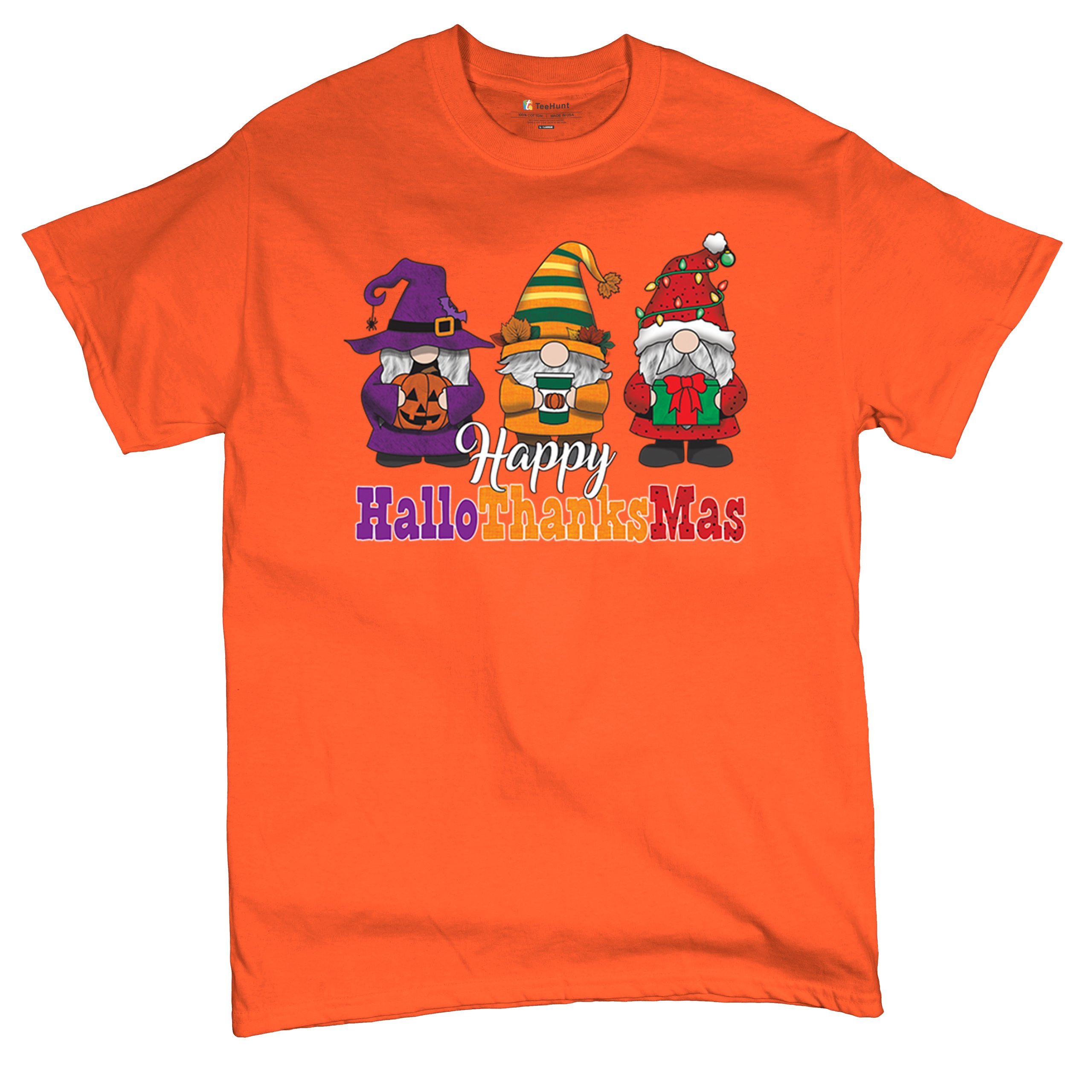 HallowThanksMas T-shirt Gnomes Halloween Thanksgiving Christmas Men's Tee - Picture 20 of 113