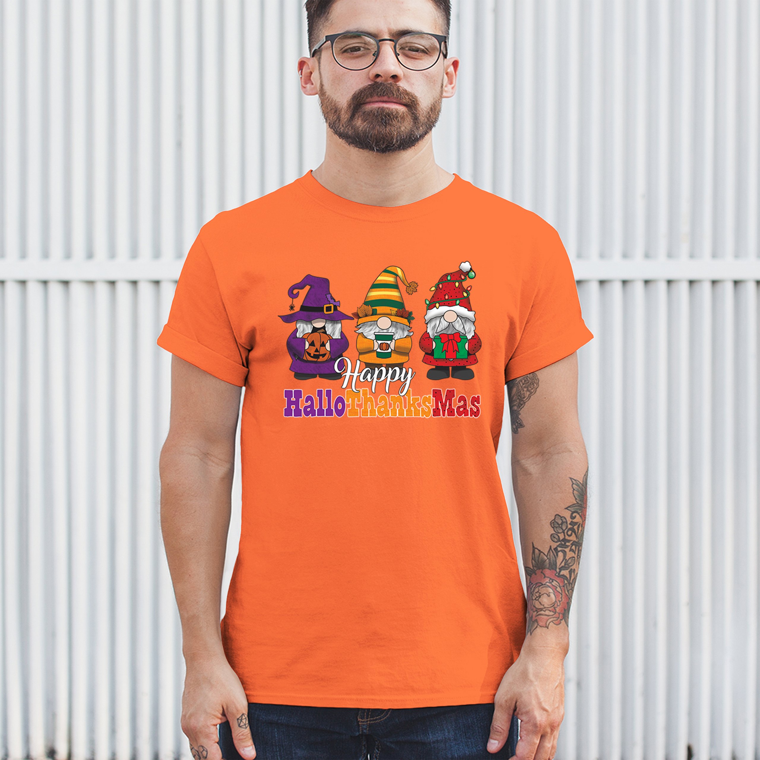 HallowThanksMas T-shirt Gnomes Halloween Thanksgiving Christmas Men's Tee - Picture 19 of 113