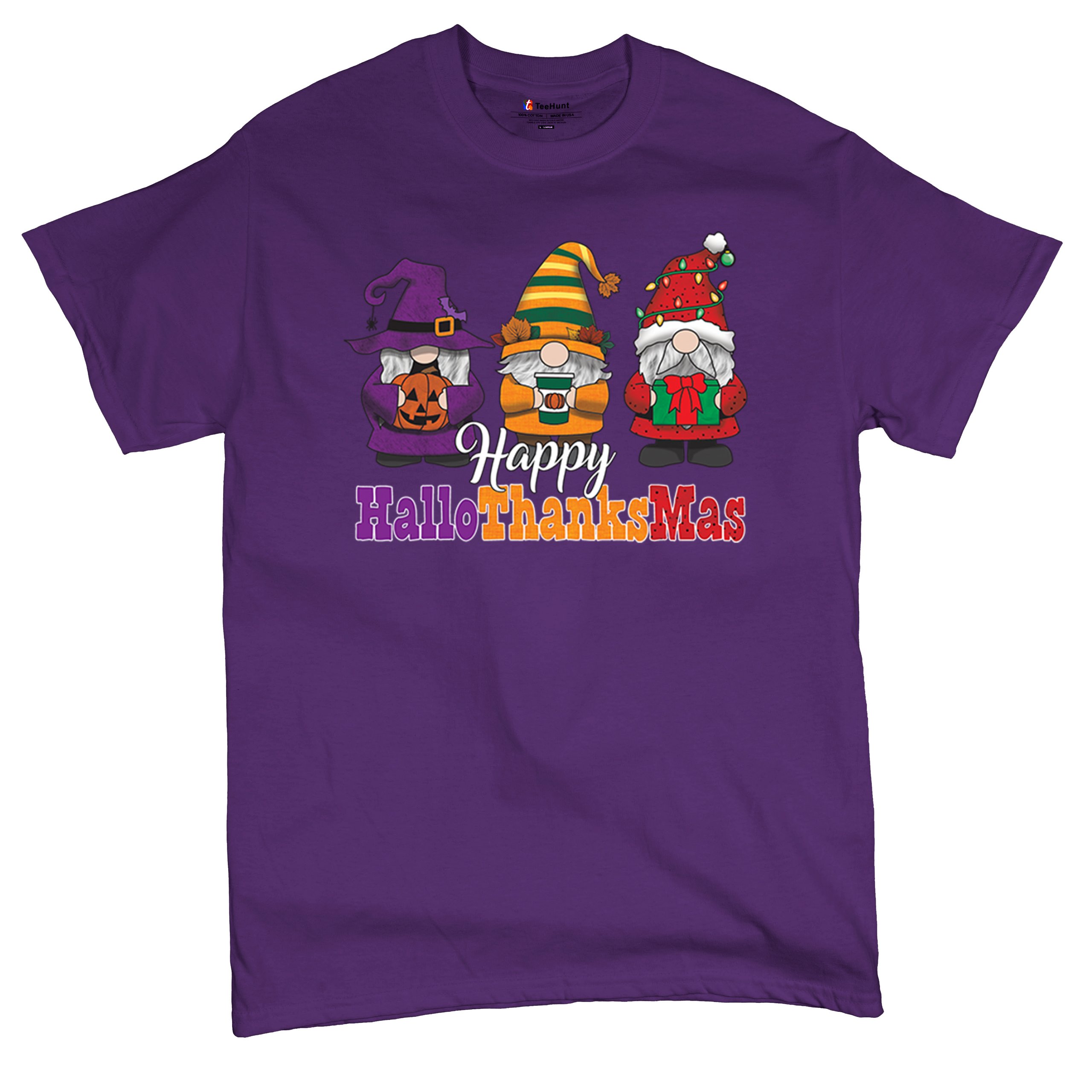 HallowThanksMas T-shirt Gnomes Halloween Thanksgiving Christmas Men's Tee - Picture 34 of 113