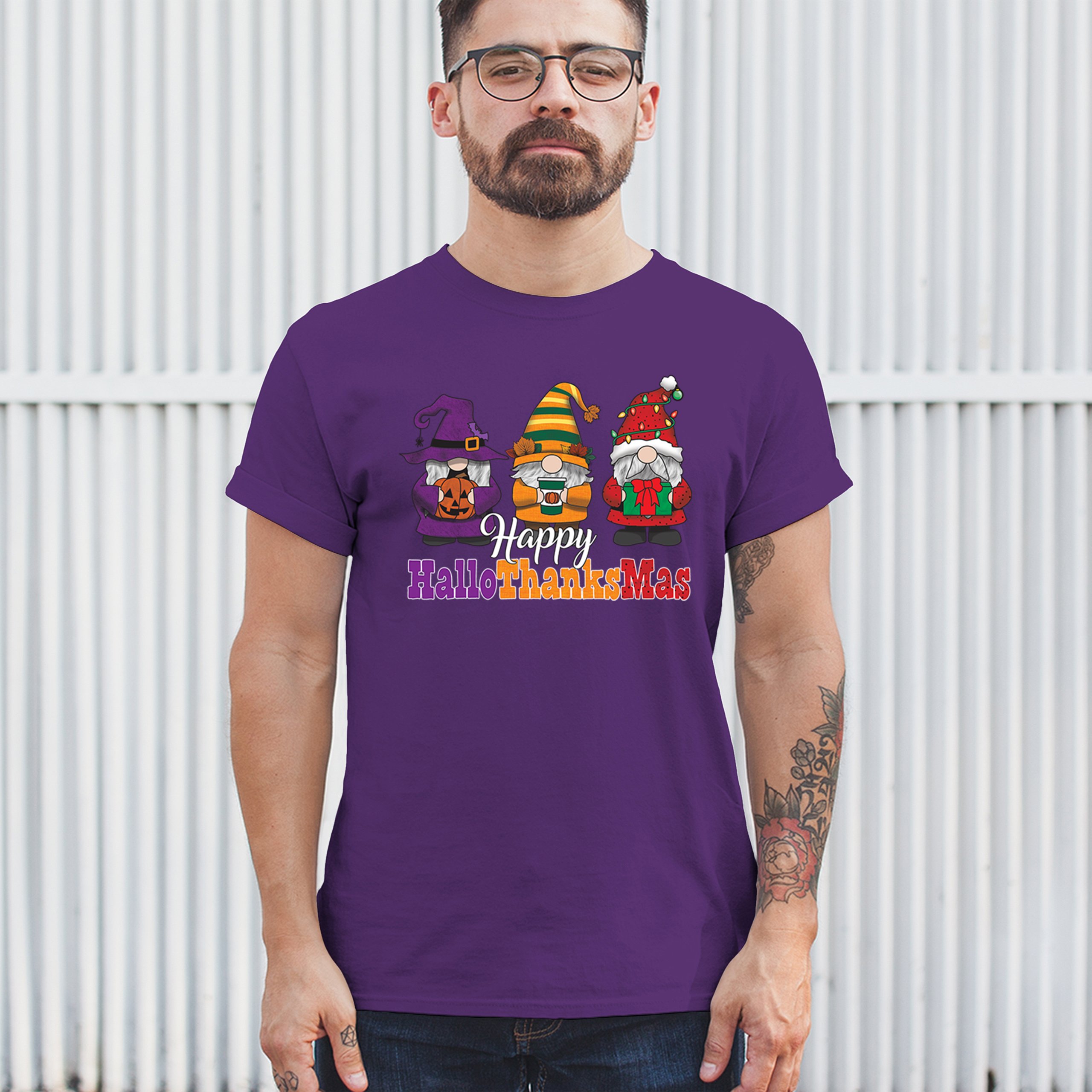 HallowThanksMas T-shirt Gnomes Halloween Thanksgiving Christmas Men's Tee - Picture 33 of 113