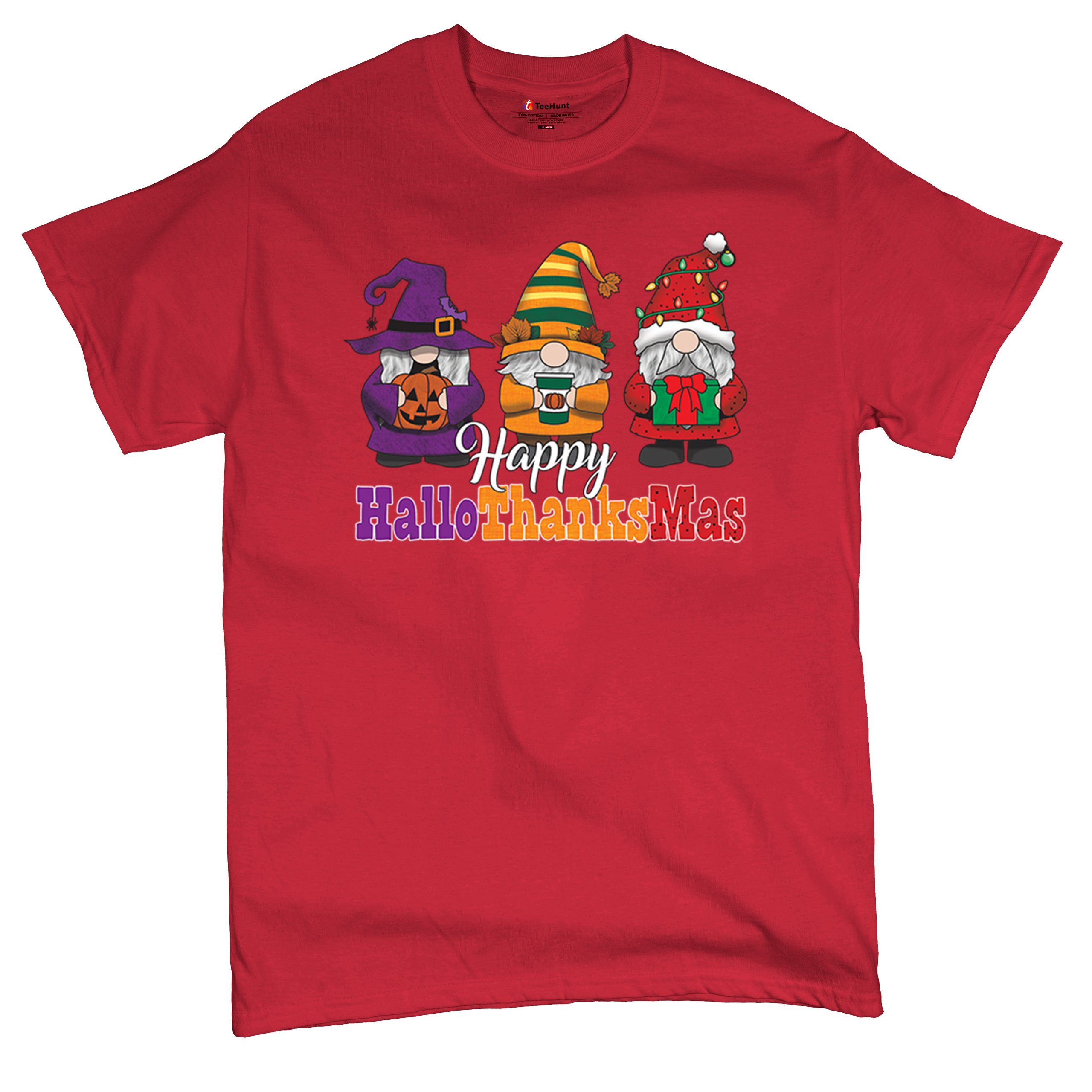 HallowThanksMas T-shirt Gnomes Halloween Thanksgiving Christmas Men's Tee - Picture 41 of 113