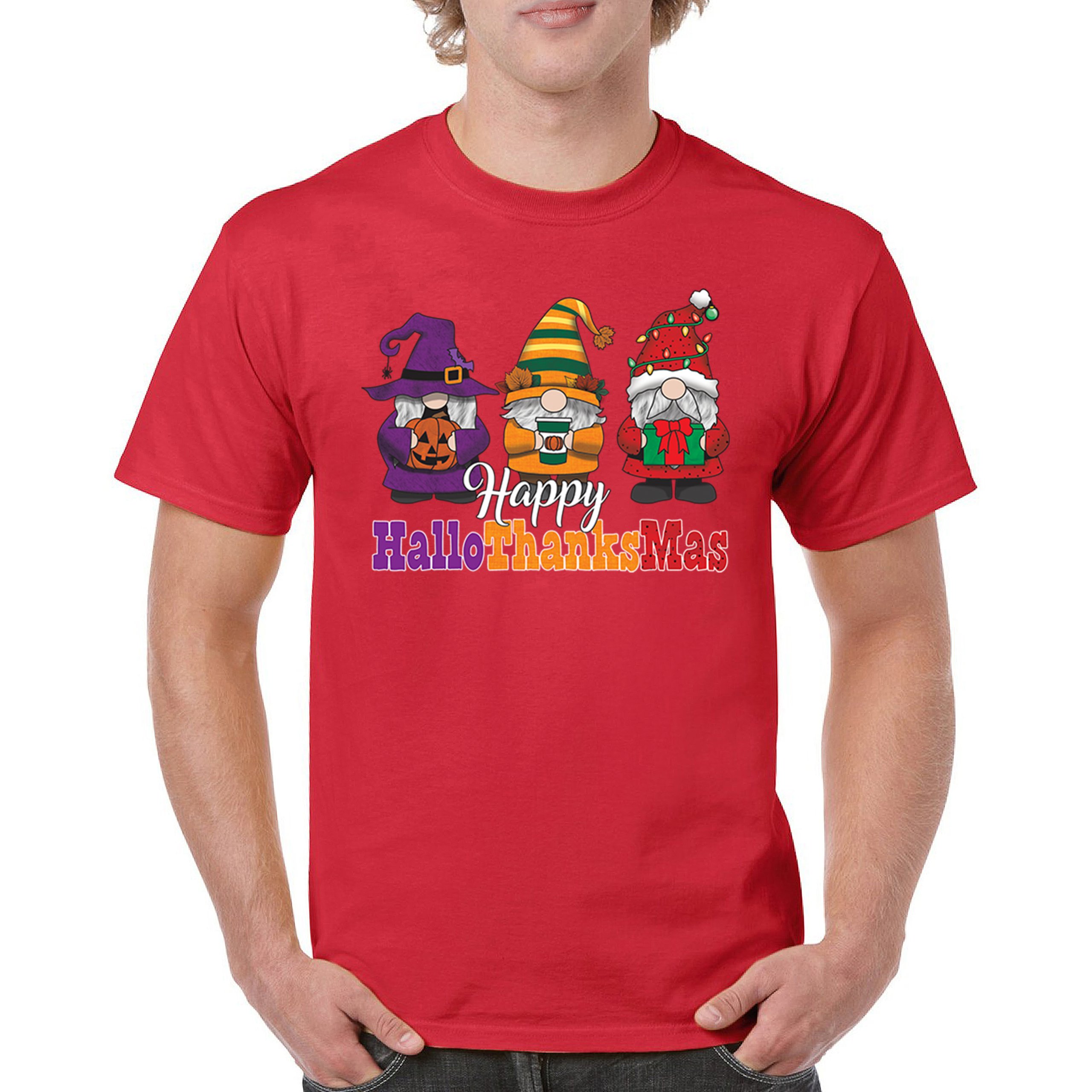 HallowThanksMas T-shirt Gnomes Halloween Thanksgiving Christmas Men's Tee - Picture 37 of 113