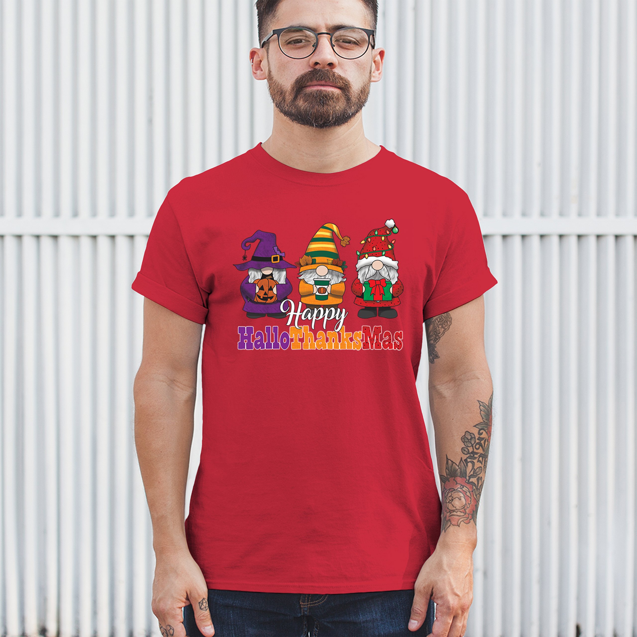 HallowThanksMas T-shirt Gnomes Halloween Thanksgiving Christmas Men's Tee - Picture 40 of 113